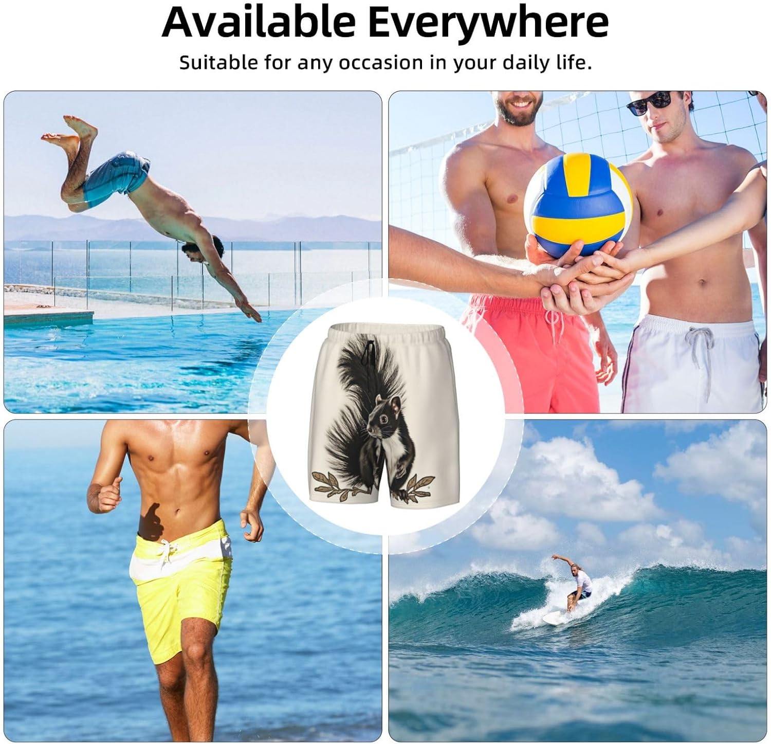 Men's Swim Trunks 2 in 1 Quick Dry Bathing Suits Skunk Beach Board Shorts Swimwear