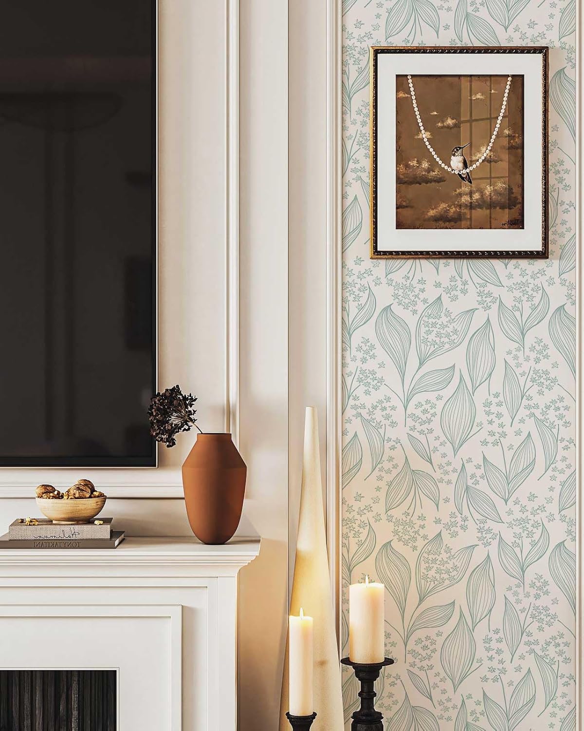 YXTII White Peel and Stick Wallpaper Leaf Wallpaper - 17.3in x 6.6ft Green and White Removable Self Adhesive Modern Contact Paper Wall Paper Bathroom Bedroom Laundry Room