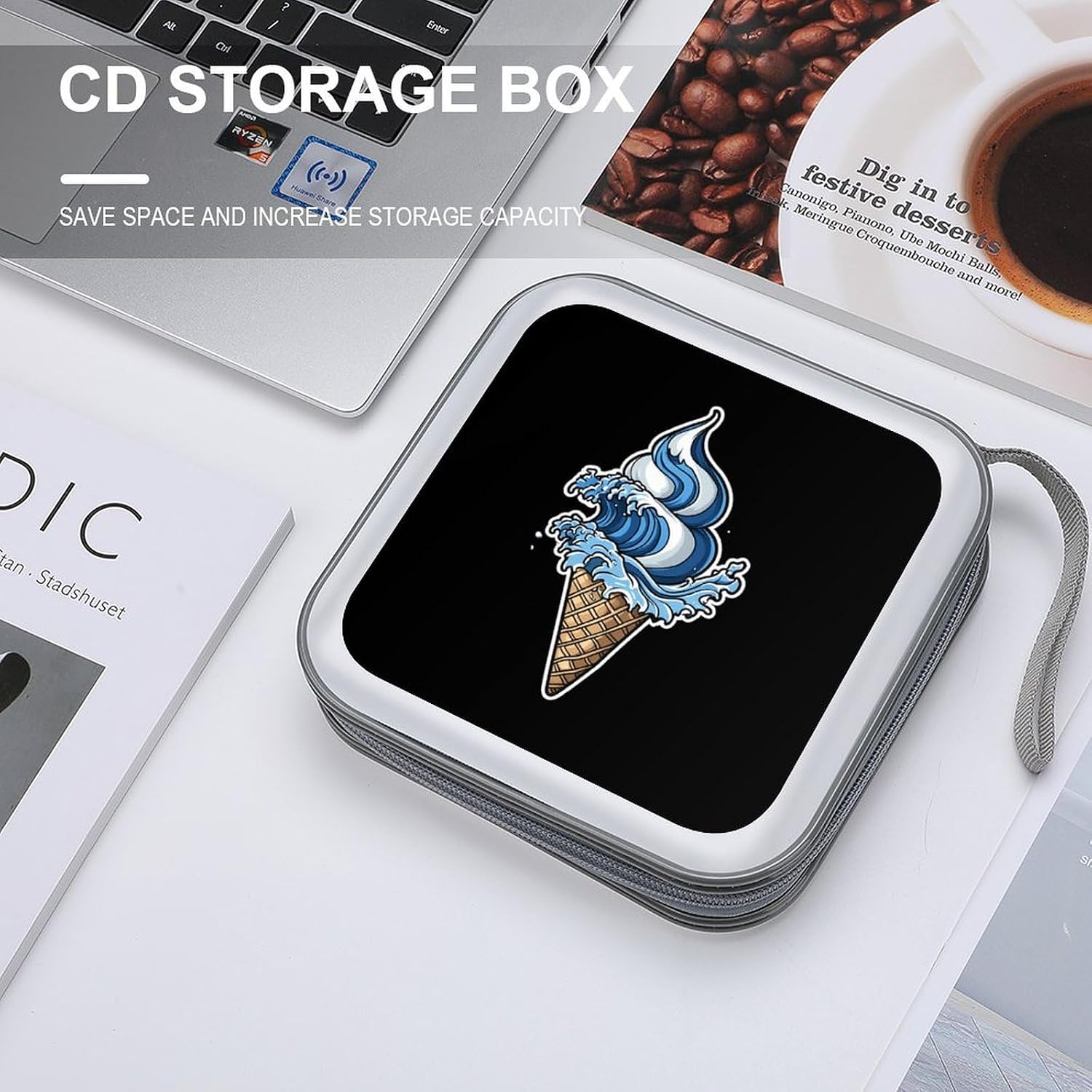 Ice Cream Cone Japanese Hokkaido Wave CD Case Portable DVD Storage Box CD Wallet Holder Binder Organizer for Car Home