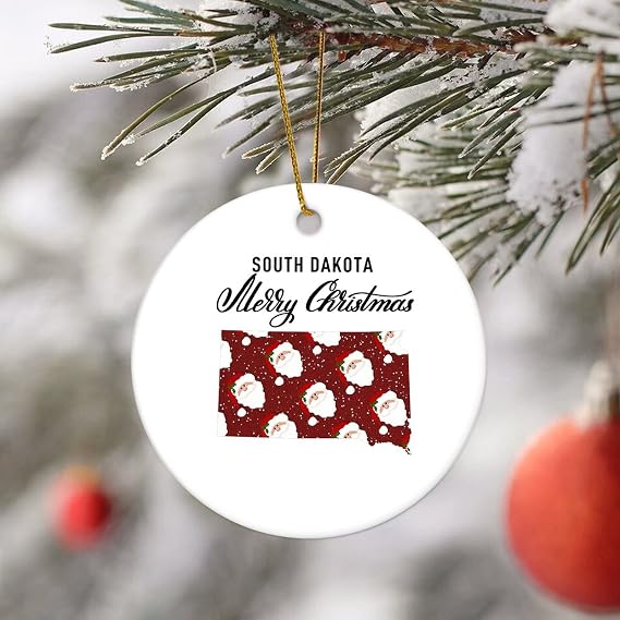 Novelty Christmas Decorations Merry Christmas US South Dakota State Map Christmas Ornaments for Xmas Tree Round Keepsake Porcelain Bauble Stocking Stuffer Souvenir Gift for Parents Kids Children
