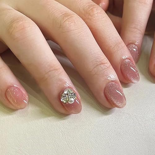 Miniatura 16 de Uñas postizas cortas ovaladas de acrílico con ojo de gato - Uñas falsas de cobertura completa en rojo vino con diseños, brillantes, para pegar