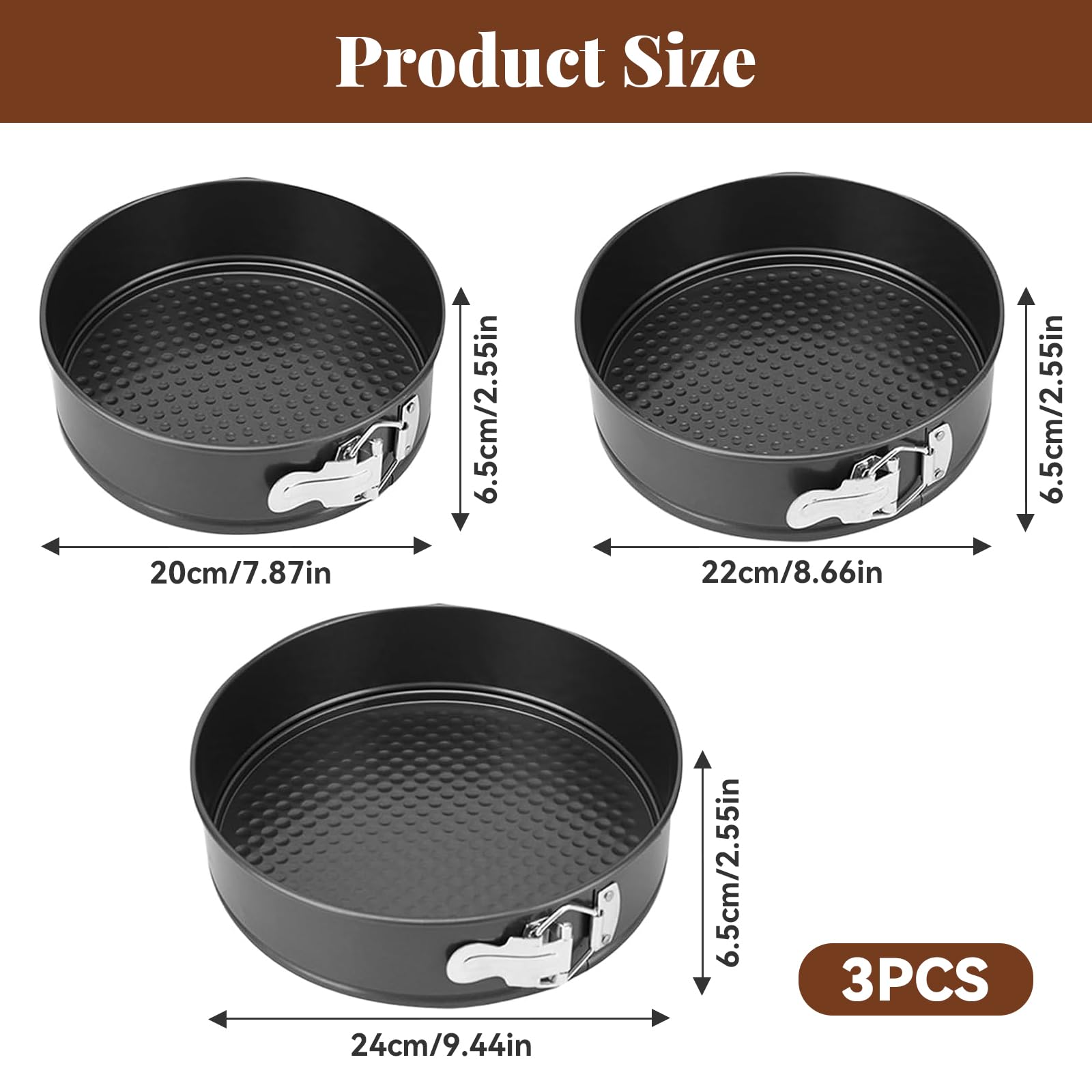 3 Stück Rund Springform, 20/22/24 CM Kuchenform, Abnehmbarer Antihaftboden Springformen, Kohlenstoffstahl Backformen Geeignet zum Backen Aller Arten von Kuchen und Broten