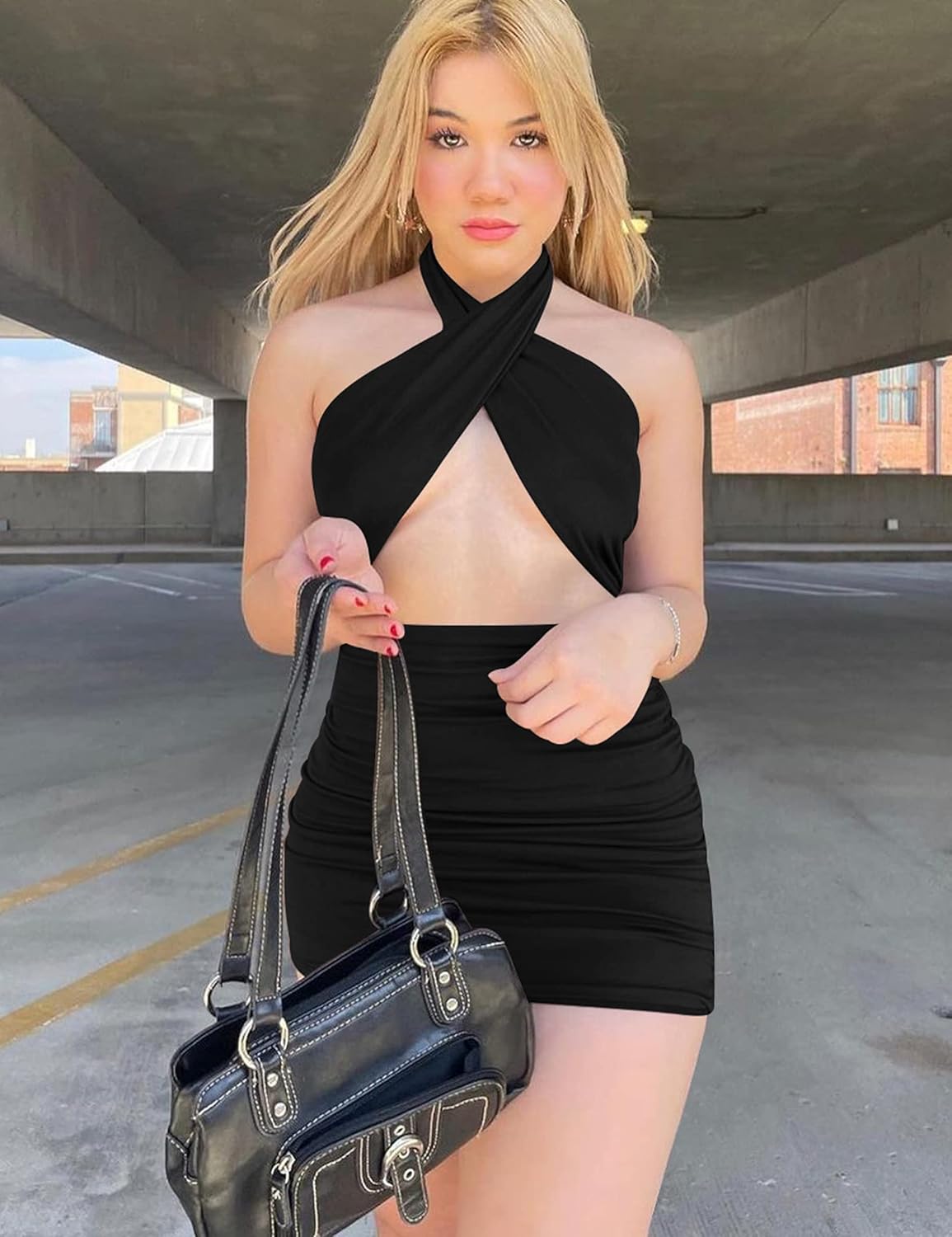 Women's Sexy Ruched Bodycon Halter Criss Cross Cut Out Backless Mini Club Party Dresses - Image 6