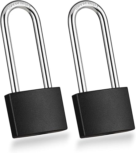 Miniatura 1 de Paquete de 2 candados de aluminio cubiertos con llave, cerradura negra con grillete largo para puertas, vallas, cajas de herramientas,