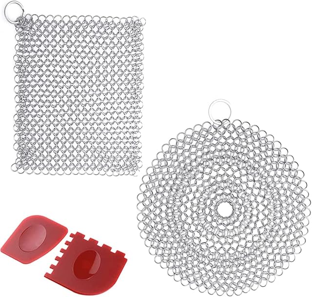 Guador 2PCS Cast Iron Cleaner,Stainless Steel Scourer 6x6 Inch Round and Square Chainmail Scrubber with Durable Plastic Pan Grill Scrapers for All Types of Skillet Griddles Griddle Cleaner Tools