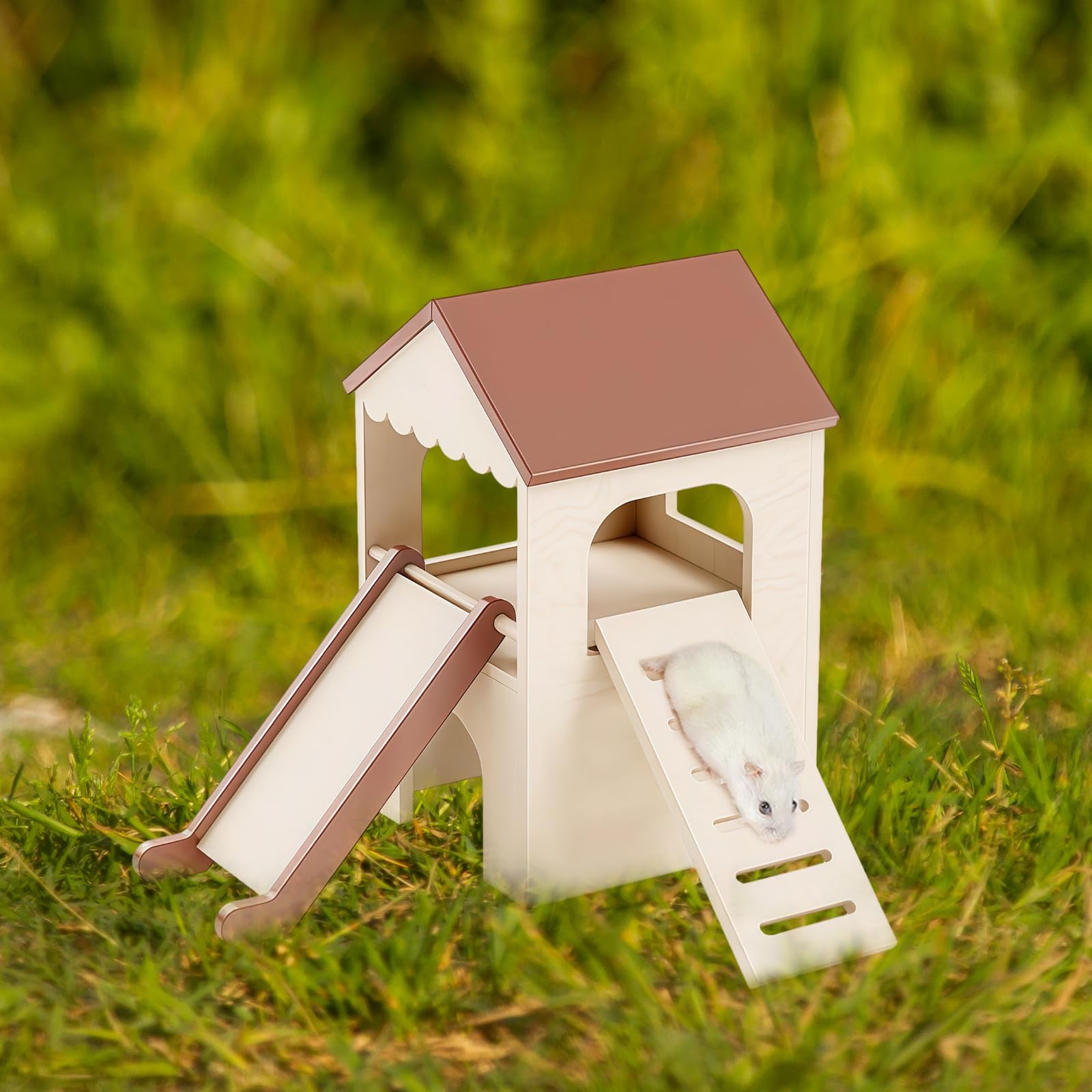 Kleintierversteck mit doppelstöckigem Design, Doppelrutschen, Meerschweinchen-Loft-Haus aus Holz mit verstellbarer Rampe und Hängematte, geräumig und leicht zu pflegen