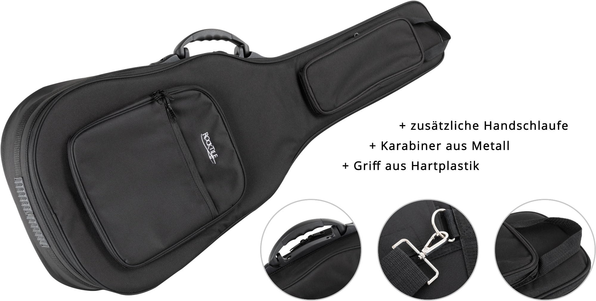 Rocktile WGSC-4122BK Housse Souple épaisse et rembourrée pour Guitare Western, Support Manche réglable, 3 Grandes Poches extérieures, Harnais Sac à Dos, Couleur Noire.