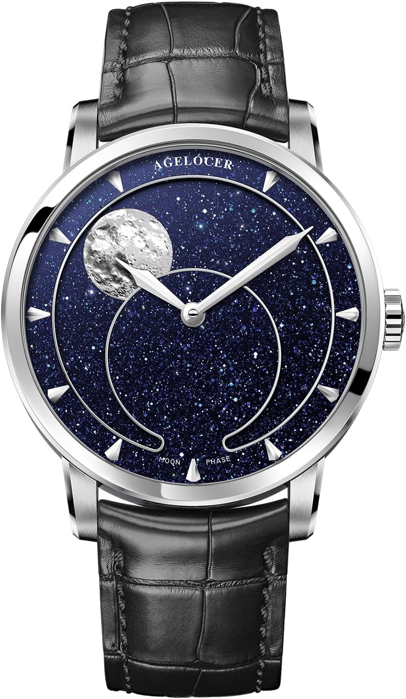 AGELOCER Moon Phase Watch Original Design, 29.51 Day Precise Moonphase, Automatic Mechanical Watches for Men, Luxury Waterproof Leather Strap Natural Blue Aventurine Dress Watch Mens Gift