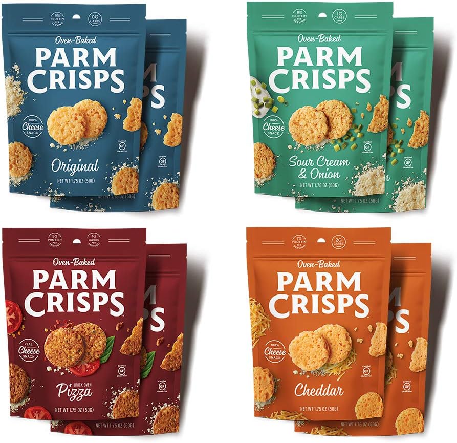 ParmCrisps 8 Count Variety Pack | 1.75oz Original Parmesan, Cheddar, Sour Cream & Onion, Pizza| Healthy Keto Snacks, 100% Cheese Crisps, Gluten Free, Sugar Free, Low Carb, Keto-Friendly, High Protein