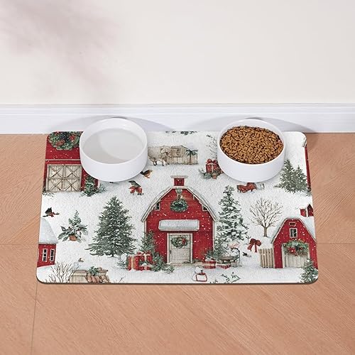 Christmas Farm, Red Barns and Snowy Pet Cat Dog Food Mat Non Slip Mat for Dog Water Bowl Mat 11.8 x 15.8 inch Quick Dry Absorbent Cat Feeding Mat, Easy to Clean