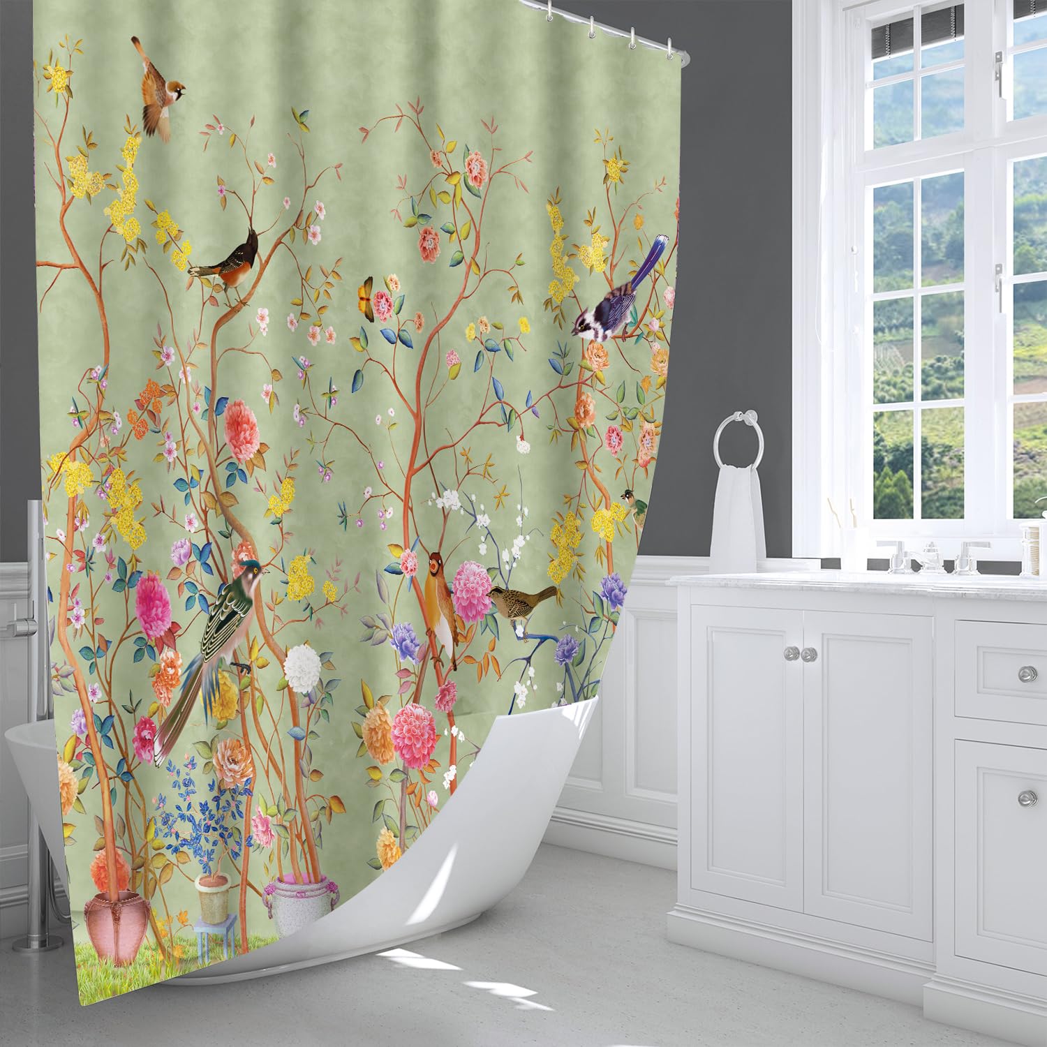 LIVETTY Shower Curtain 200×200cm Extra Long Shower Curtain Green Floral Fabric curtain for Bathroom Mould Proof Washable Shower Curtains With 12 Hooks - Image 3
