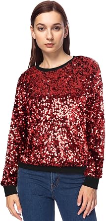 Anna-Kaci Womens Glitter Sequin Sweatshirt Long Sleeve Pullover Tops with Ribbed Cuffs
