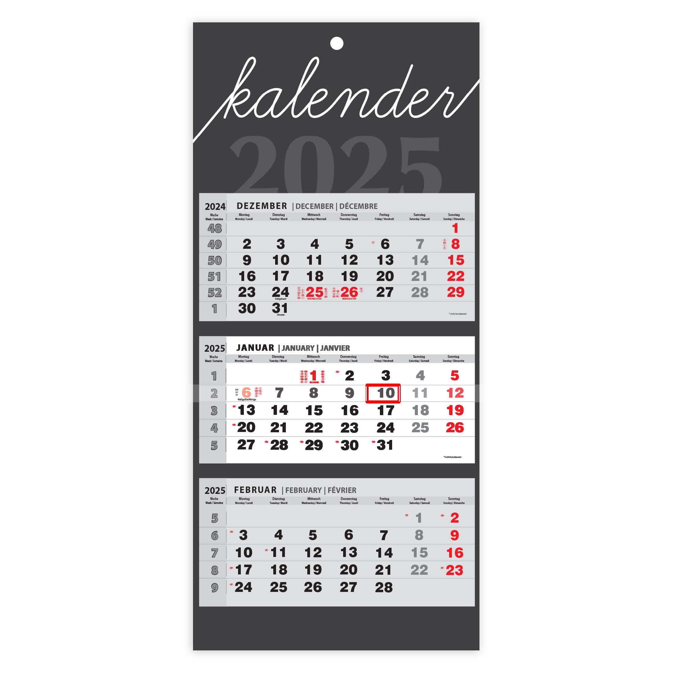 3-Month View Wall Calendar 2026, Multi-Language (English, German, French), Large Quarterly Planner for Home & Office