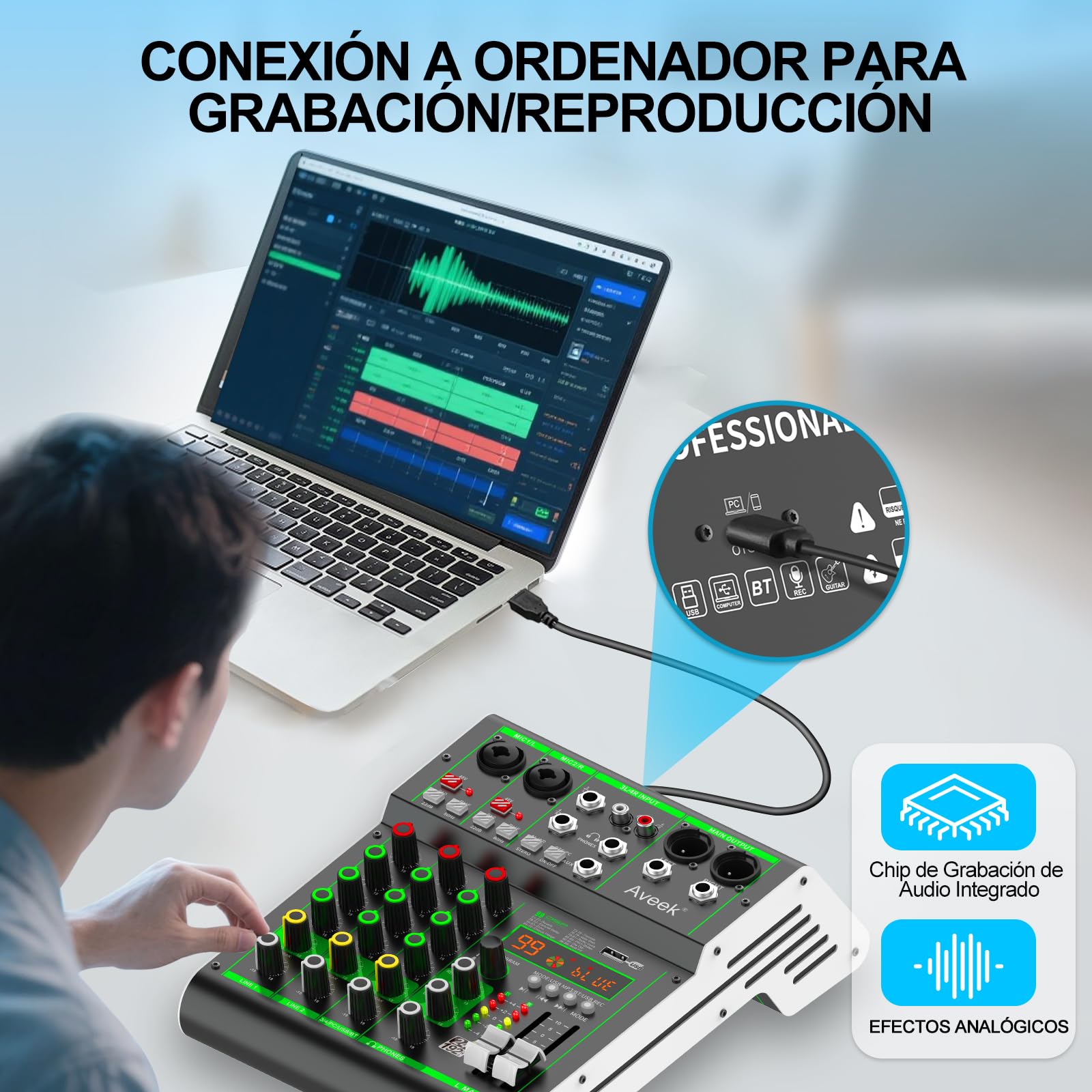 Aveek Mezclador de Audio,Mesa de Mezclas Profesional con USB/Bluetooth/Ordenador/Mezclador DJ de 4 Canales de Entrada Estéreo,48V Phantom Power 99 Efecto DSP para PC Estudio de Grabación Streaming