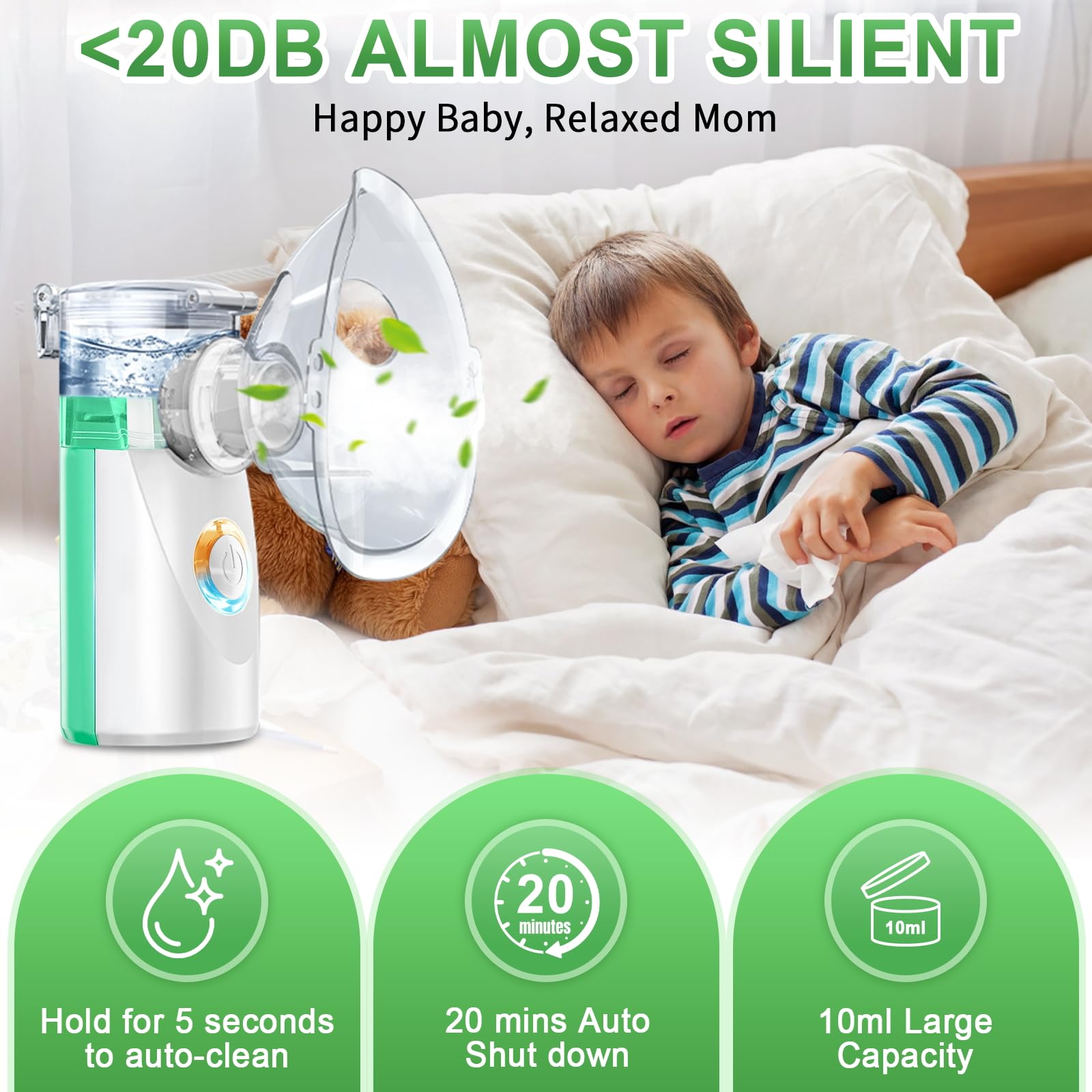 Aérosol pour Toute la Famille – Nébuliseur Ultrasonique pour Enfants, Adultes et Bébé, Inhalateur avec 2 Masques et Embout Buccal, Piles non incluses, Vert