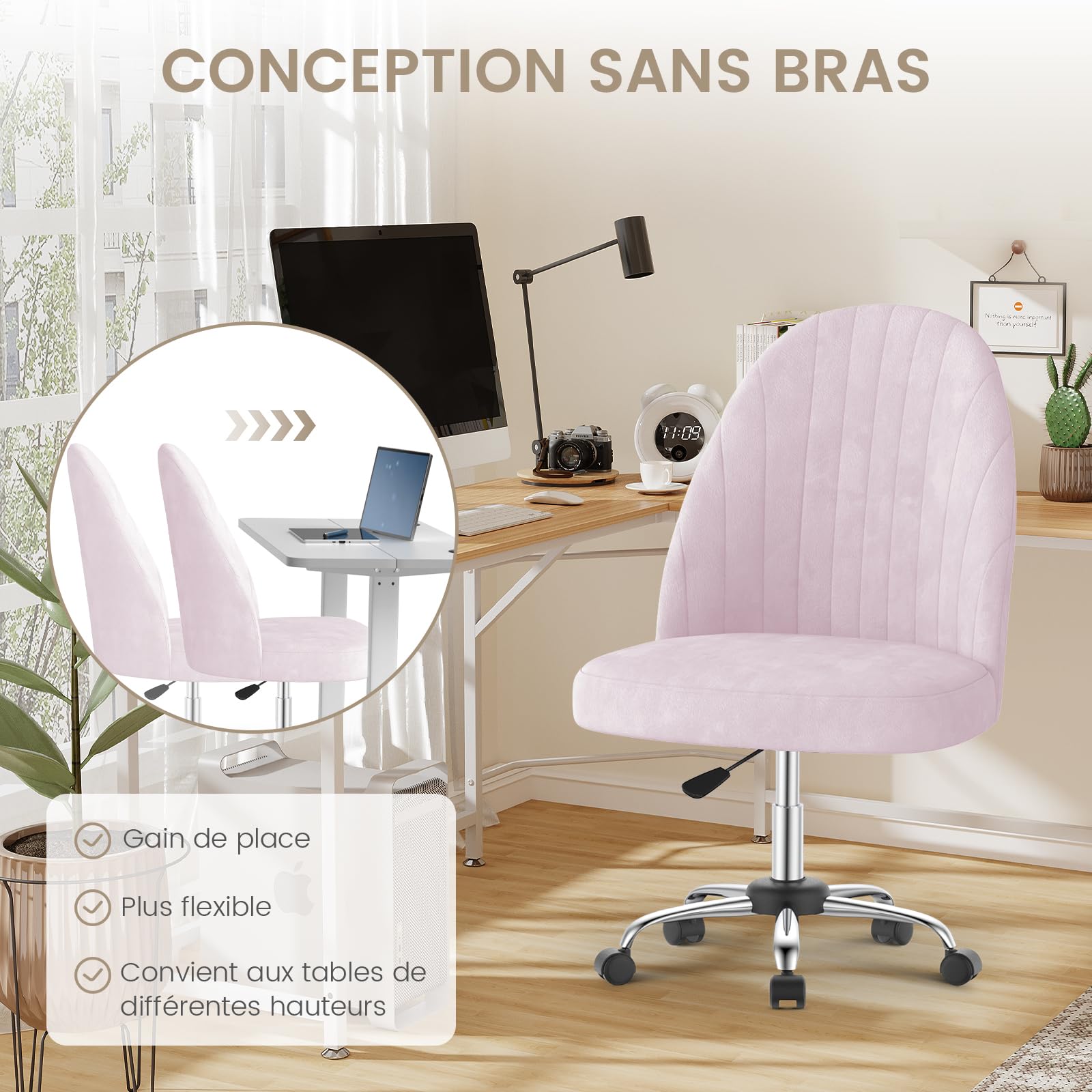 naspaluro Chaise de Bureau, Fauteuil Coiffeuse en Velours, Chaise de Chambre sans Bras avec roulettes, Siège de Bureau à Domicile, Fauteuil Souple Réglable en Hauteur pour La Chambre à Coucher,Rose