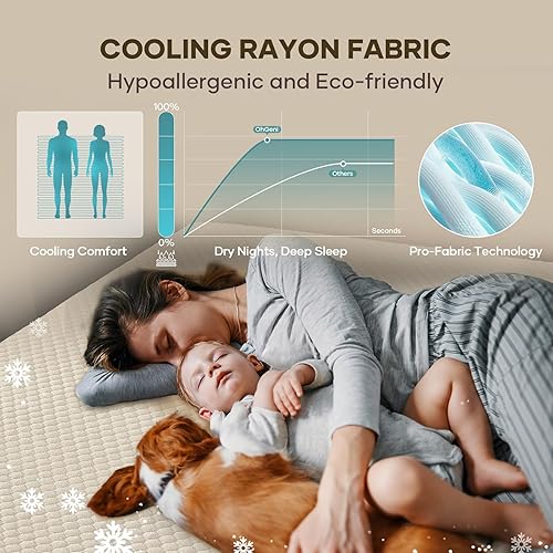 Miniatura 4 de OhGeni Protector de colchón 100% impermeable tamaño Queen-Beige, almohadilla de colchón que se ajusta a colchones de 6"-20" con bolsillo profundo,