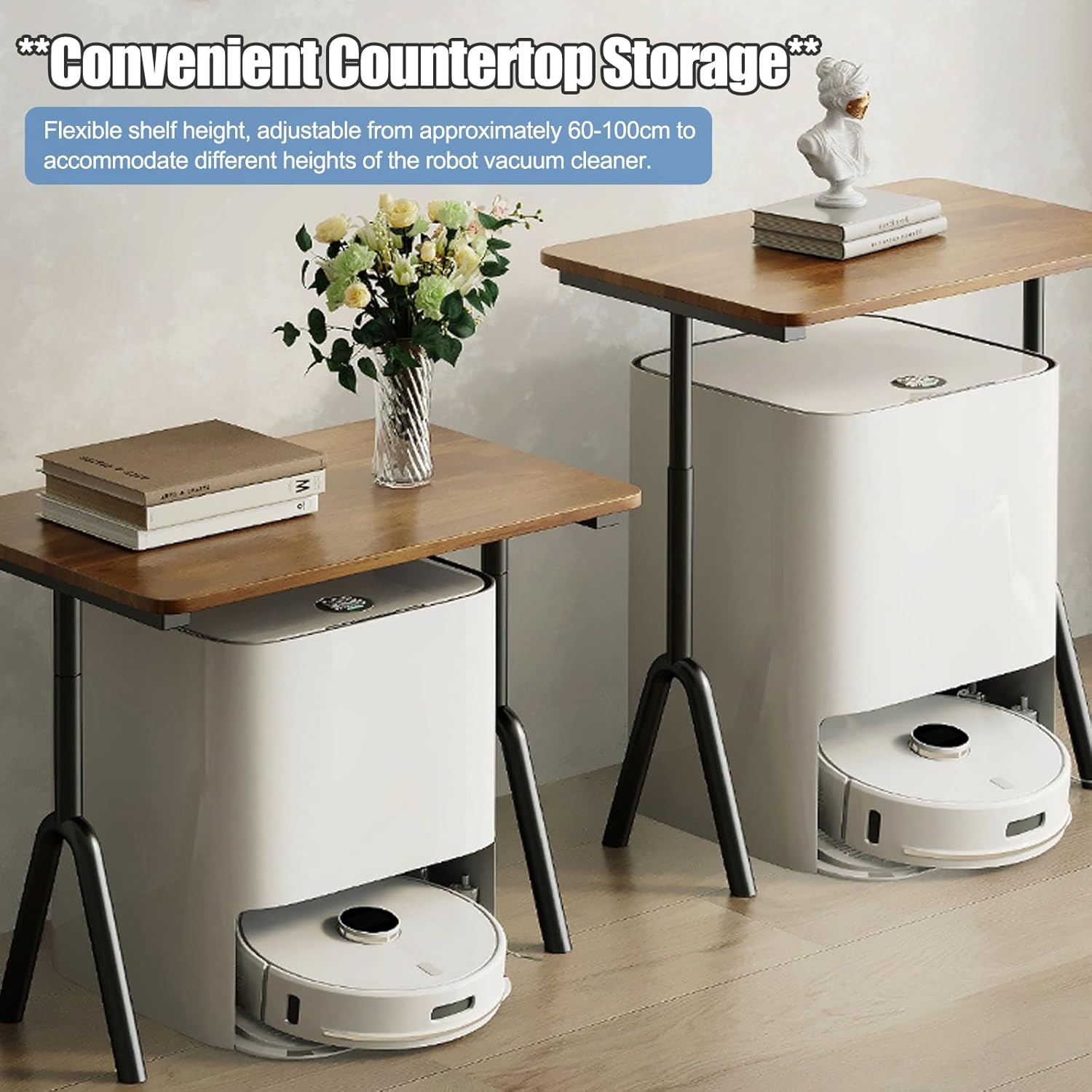 Height-Adjustable Robot Vacuum Stand Cabinet, Space-Saving Side Table for Living Room & Kitchen, Sweeping Robot Storage Rack (Black, 50cm/19.7in)