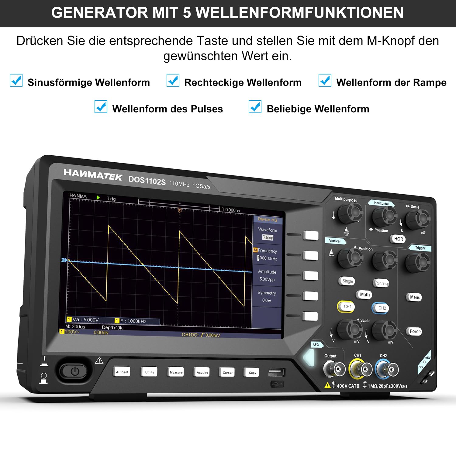 HANMATEK 2 in1 DOS1102S Digitales Speicheroszilloskop mit integriertem Wellenformgenerator, 110MHz Bandbreite, 2 × 500MSa/s Abtastrate, Zweikanal