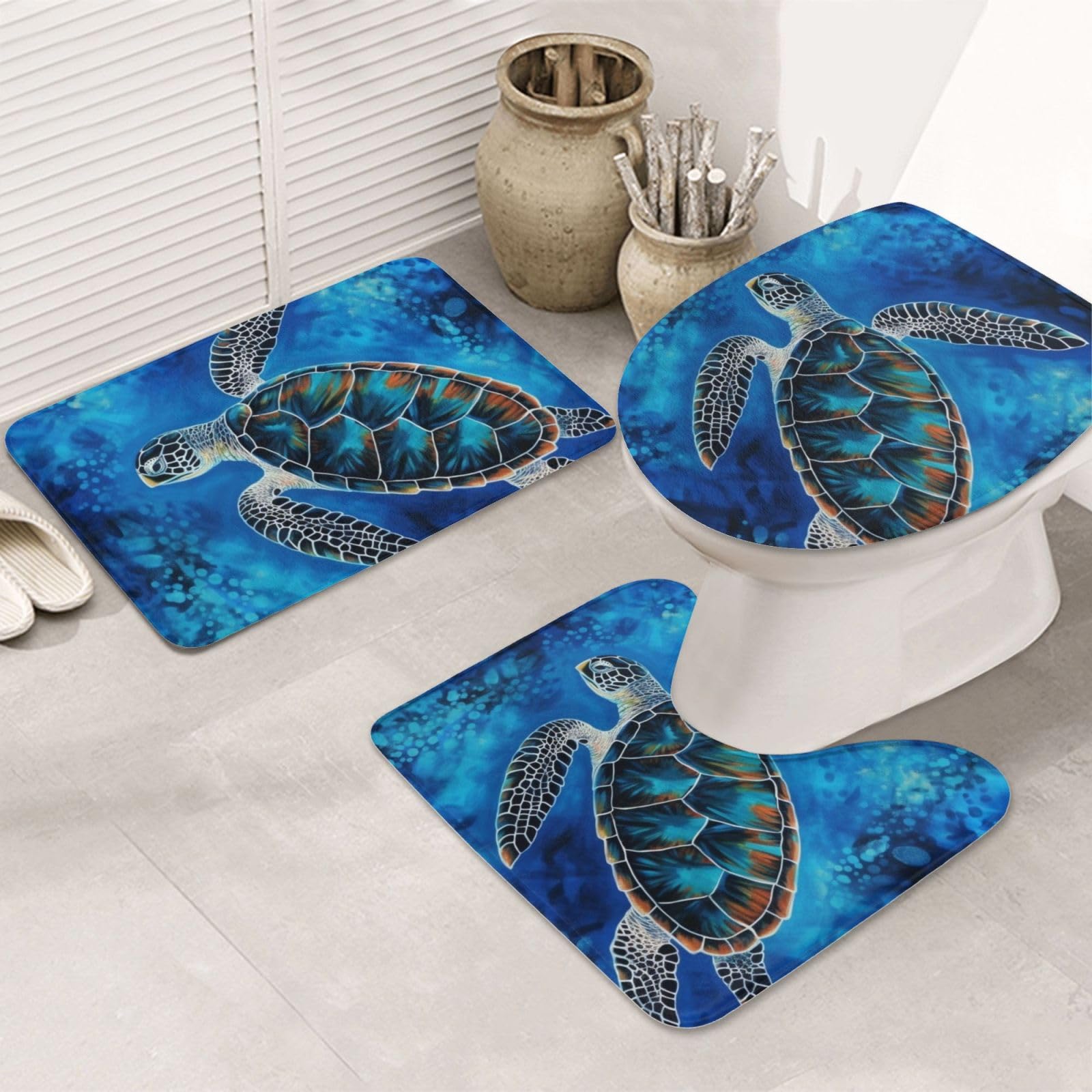 Tapis de salle de bain bleu tortue de mer flanelle en lot de 3 pièces absorbant