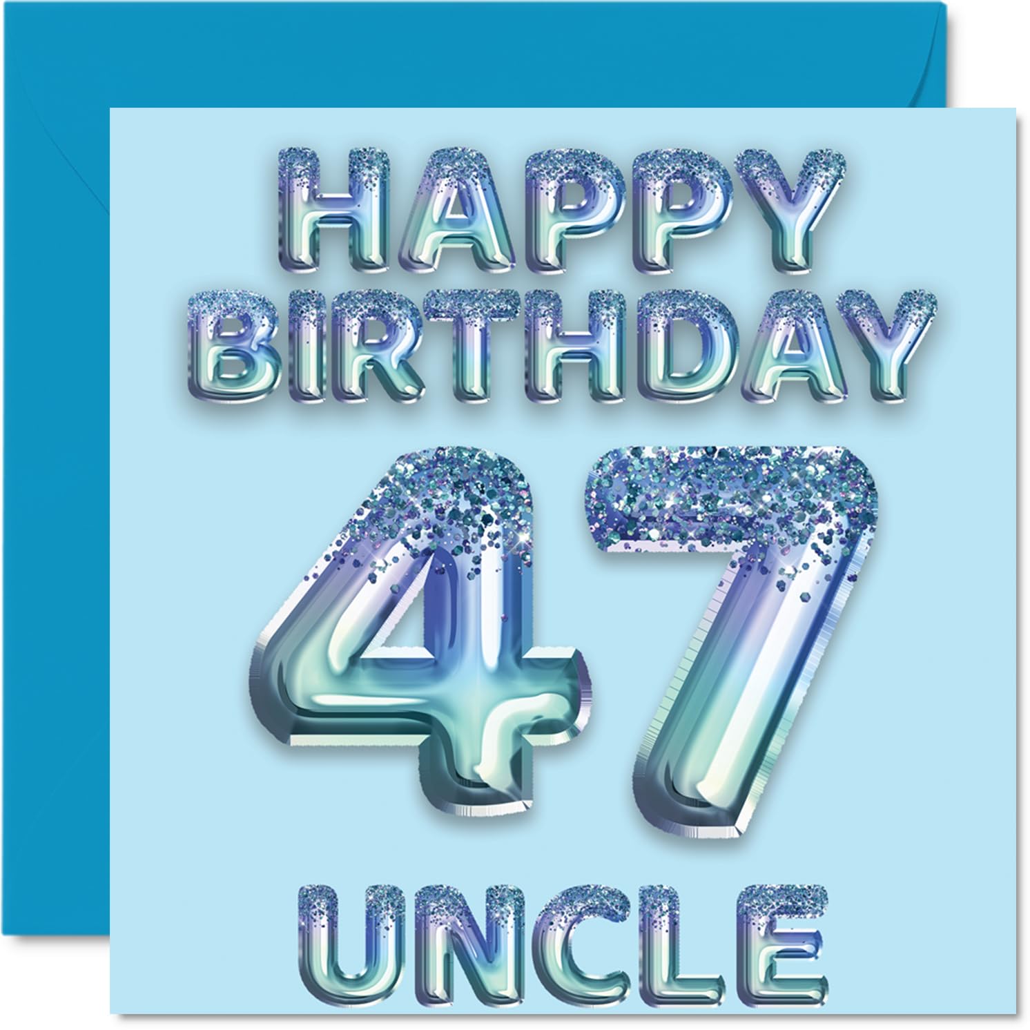 47th Birthday Card for Uncle - Blue Glitter Party Balloons - Happy Birthday Cards for 47 Year Old Uncle from Nephew Niece, 145mm Bday Greeting Cards Gift