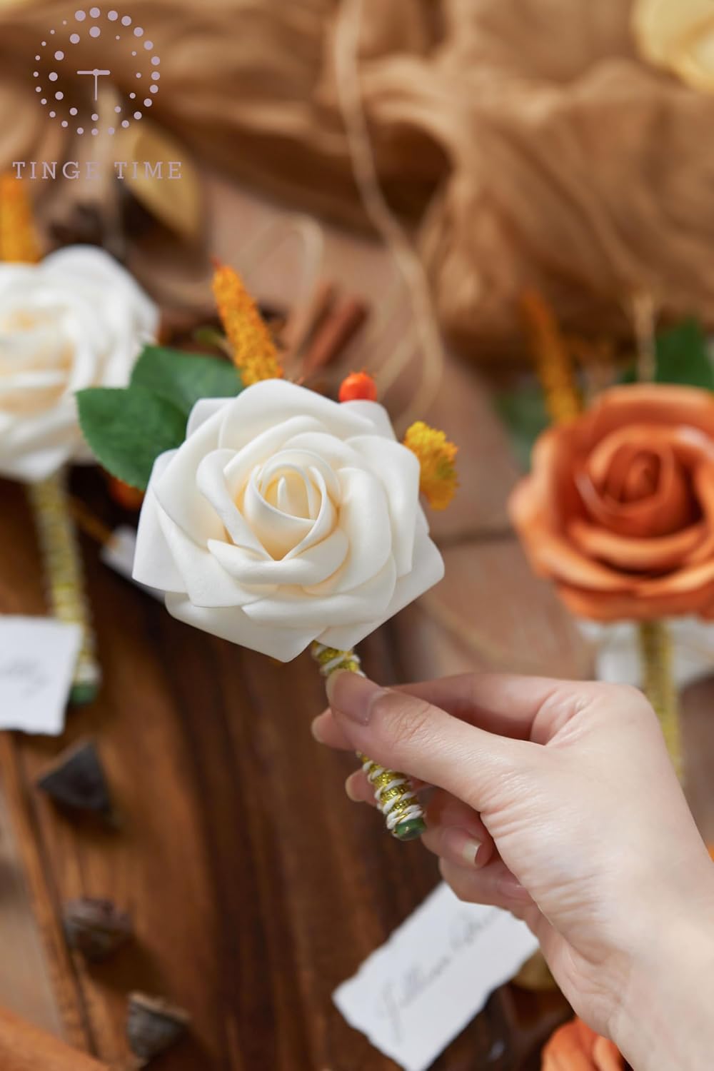 TingeTime Artificial Flower Boutonniere, Set of 6, Groom and Groomsmen Boutonniere for Wedding, Prom, Homecoming, Anniversary, Graduation(6, Miami Burnt Orange)