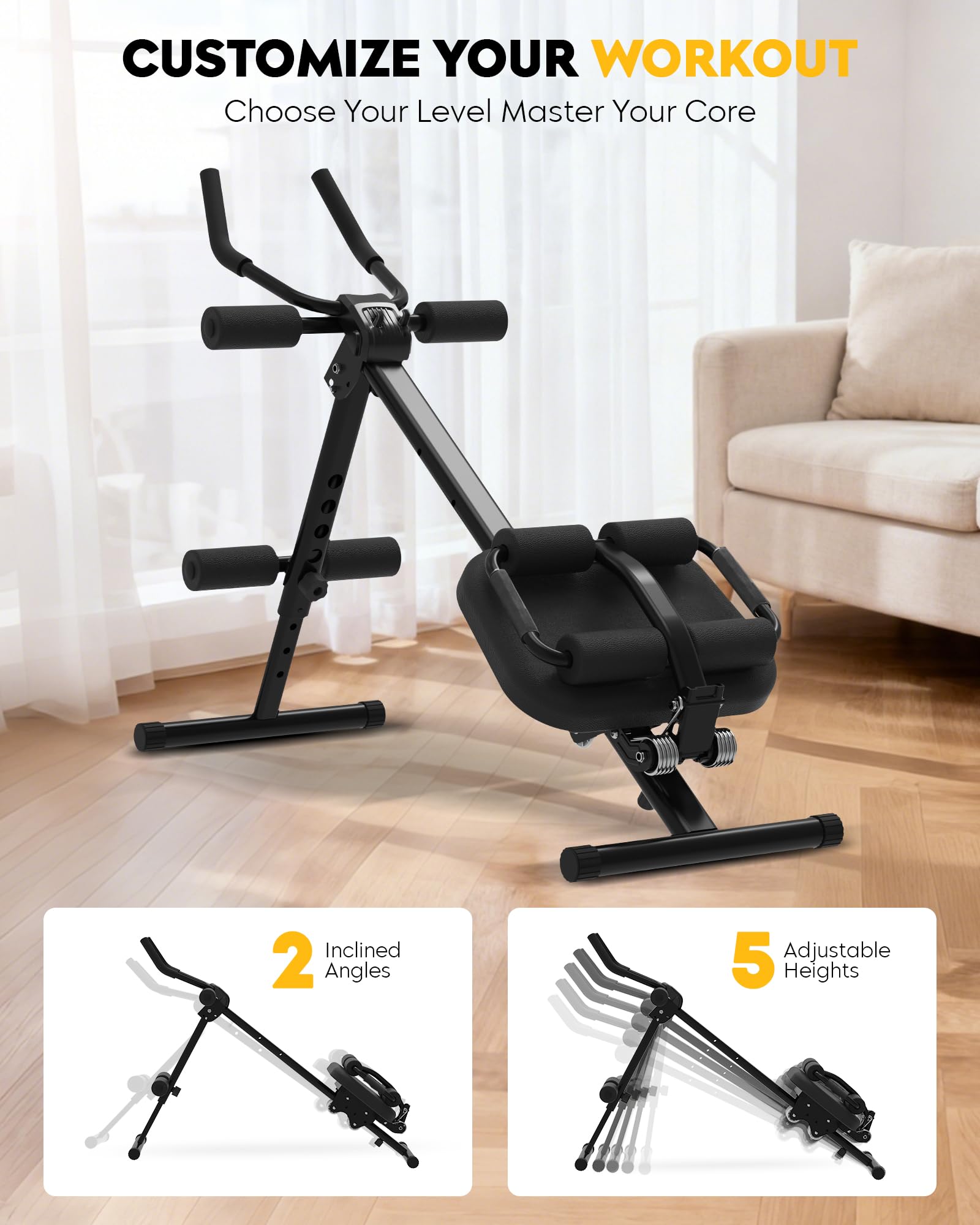 GUUG Trenażer mięśni brzucha w domu: przyrząd treningowy brzucha, składany, do treningu mięśni brzucha, ćwiczeń brzucha, ćwiczeń, fitnessu, domu, na siłownię, czarny