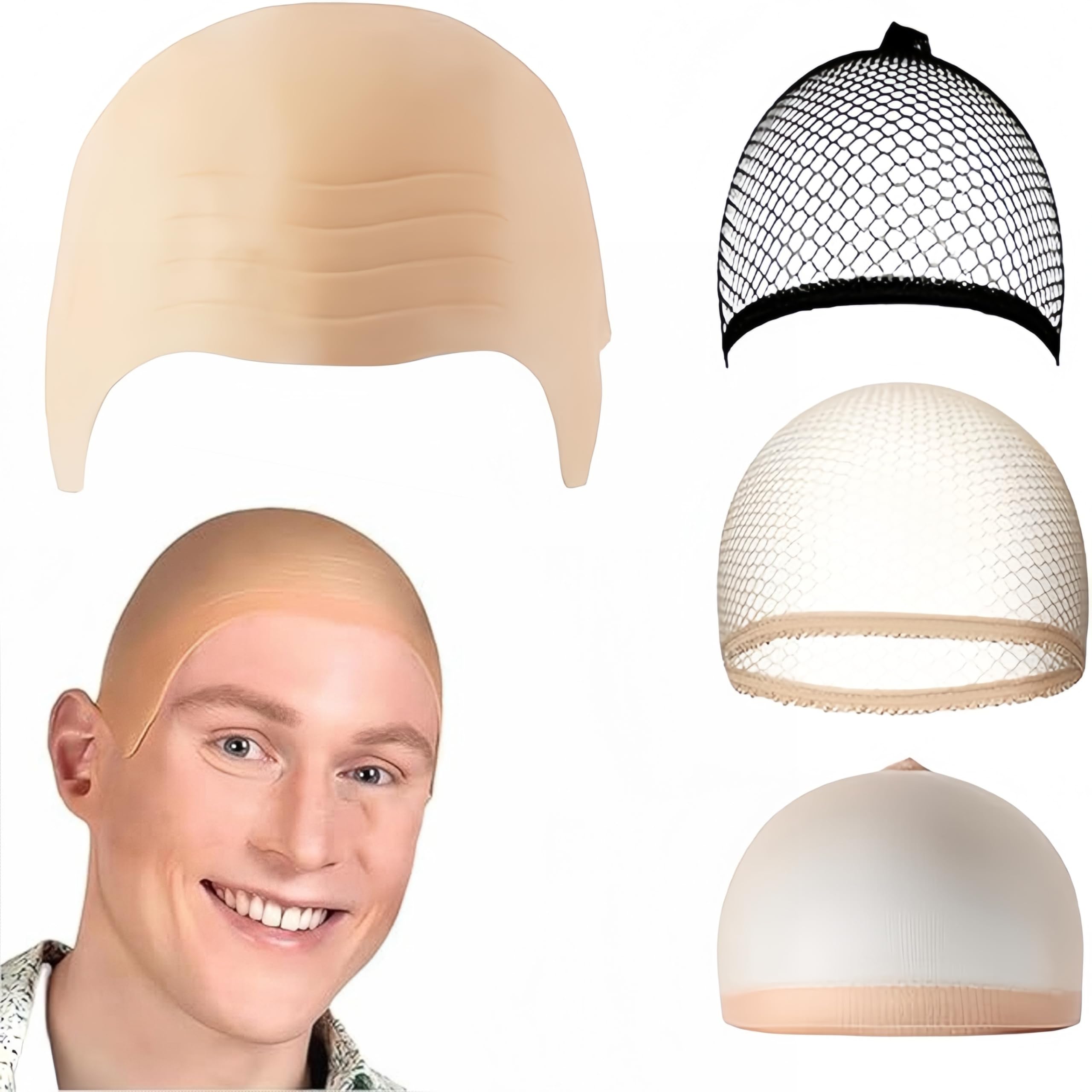 4 Pcs Latex Bald Cap for Adults, Bald Cap with Hair Nets, Realistic Skin-Color Bald Head Cover Cosplay Hat Costume Accessory for Stage Plays, Club Activities Halloween Party (flesh-coloured)