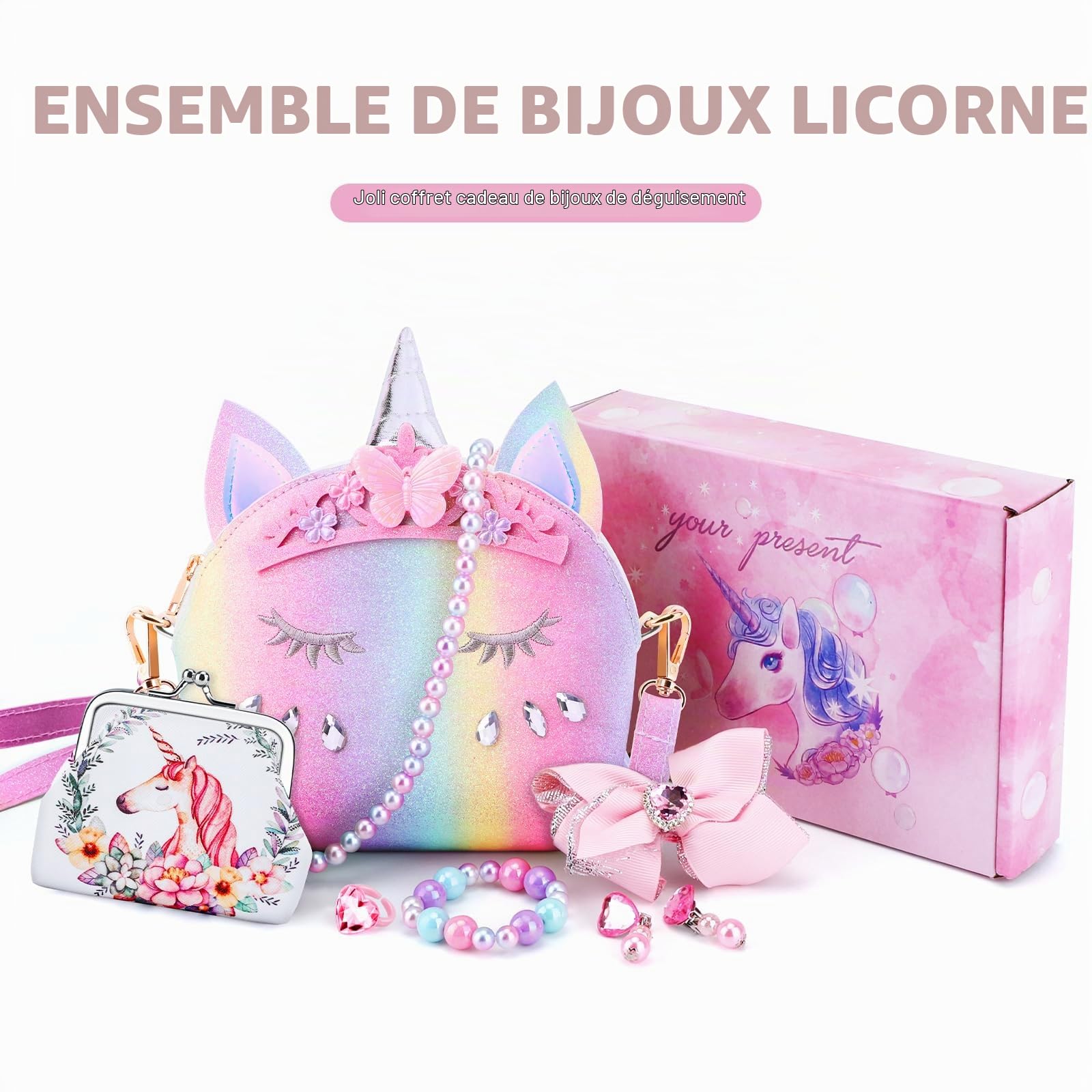 JYPS Sac à Main Licorne pour Petites Filles, 7PCS Sac à Bandoulière Mignon pour Enfants avec Dress up Jewelry Set Faire Semblant Accessoires de Jeu, Cadeau d'anniversaire Licorne Cadeau Fille Jouet