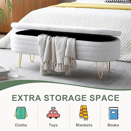 Miniatura 5 de Vanress Banco otomano ovalado de almacenamiento de 46.9 pulgadas, otomano tapizado de peluche, banco de entrada interior con patas doradas para sala