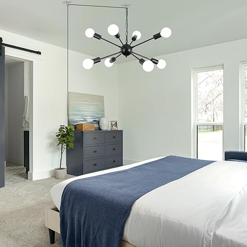 Miniatura 7 de ALISADABOY Candelabro enchufable para comedor, lámpara de araña negra enchufable, luz Sputnik con cable de 16.4 pies, 8 luces colgantes Sputnik para