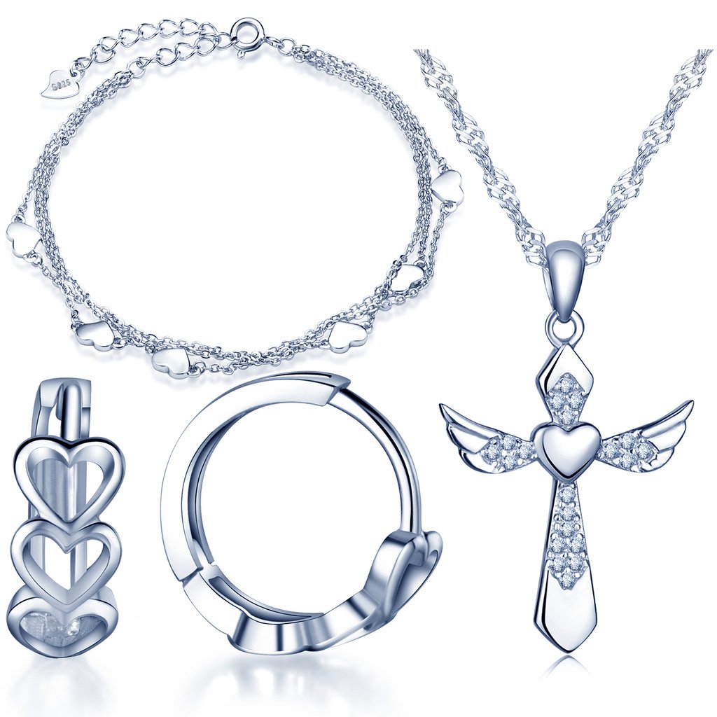 Yumilok 925 Sterling Silber Zirkonia Herzen Kreuz Halskette Charm-Armband Creolen Schmuck Set Kette mit Anhänger Armkette Ohrringe Set für Damen Mädchen