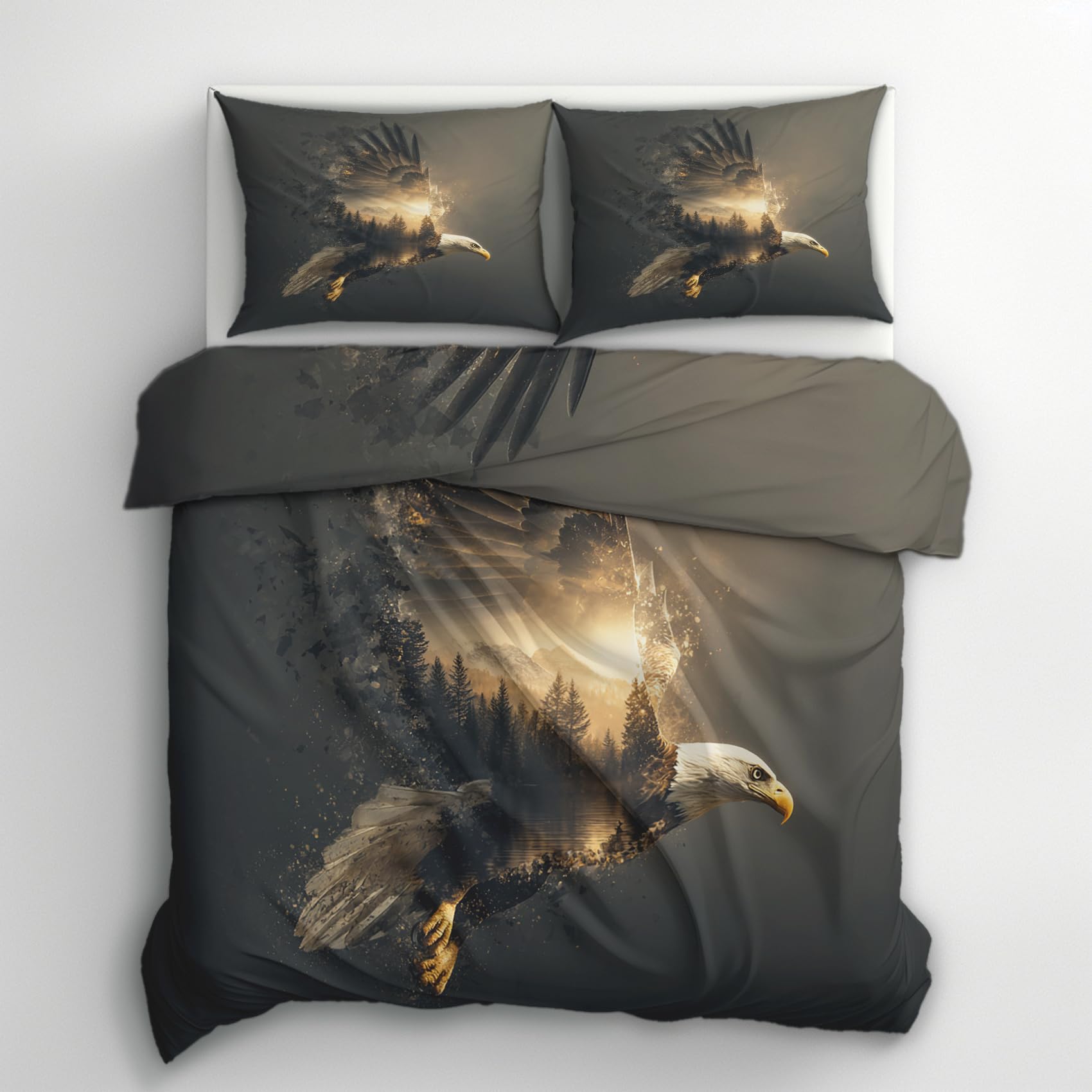 Housse de couette aigle 240x260 cm parure de lit ciel gris avec fermeture éclair