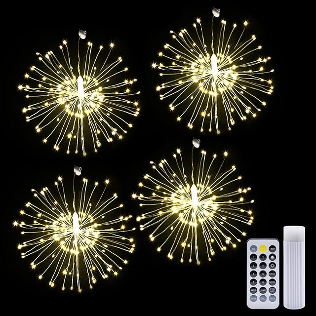 4 Pack Firework Lights 120 LED Starburst String Lights 8 Modes Remote Control with Rechargeable Power Waterproof Hanging Fairy Lights for Wedding Party Christmas Patio Home Decoration (Warm White)