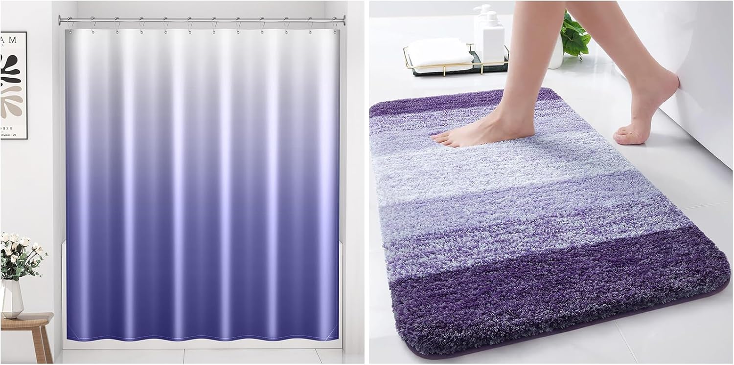 Arotive Microfiber Bathroom Rugs and Fabric Ombre Shower Curtain with 12 Hooks, Bath Mat Size 30x20 in Dark Purple and Shower Curtain 72x72 in Navy Blue Gradient, 2 Item Bundle