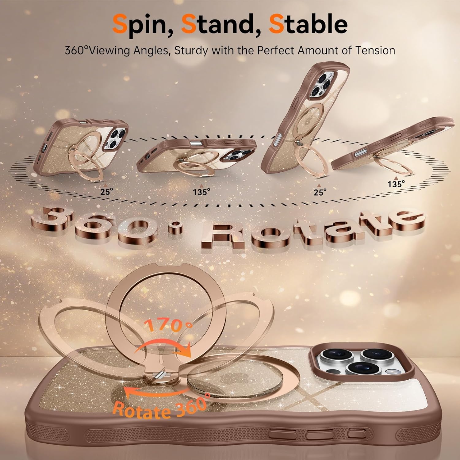 for iPhone 16 Pro Case with 360° Magnetic Stand, Clear Glitter Cute Curly Wave iPhone 16 Pro Phone Case Compatible with MagSafe, Ring Kickstand Shockproof Cover for Women Men, Desert Brown - Image 2
