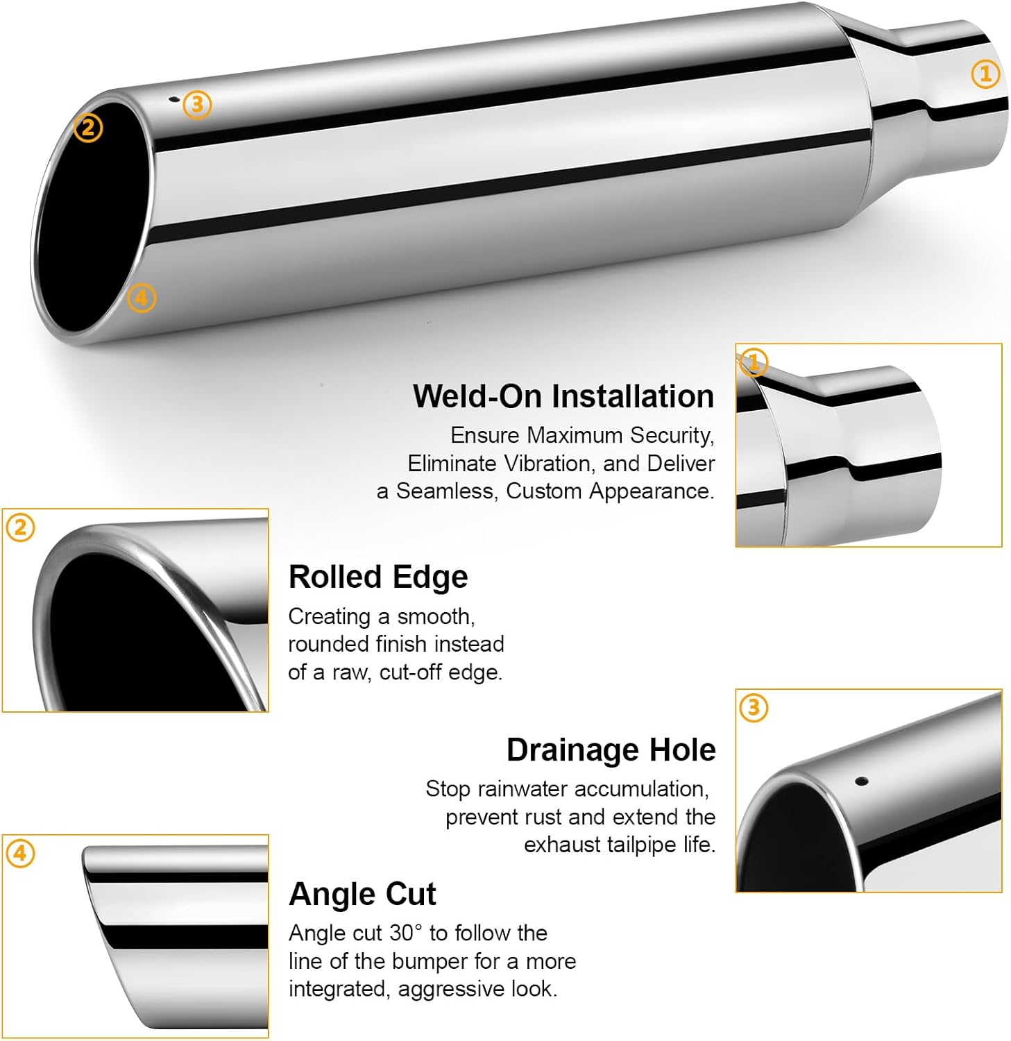 Exhaust Tip 2.5" Inlet, 4" Outlet 18" Overall Length, Premium Stainless Steel with Rust Resistant Polished Finish, Rolled Angle Cut, Weld-On Installation, for Truck Diesel Tail Pipe,2 Pack