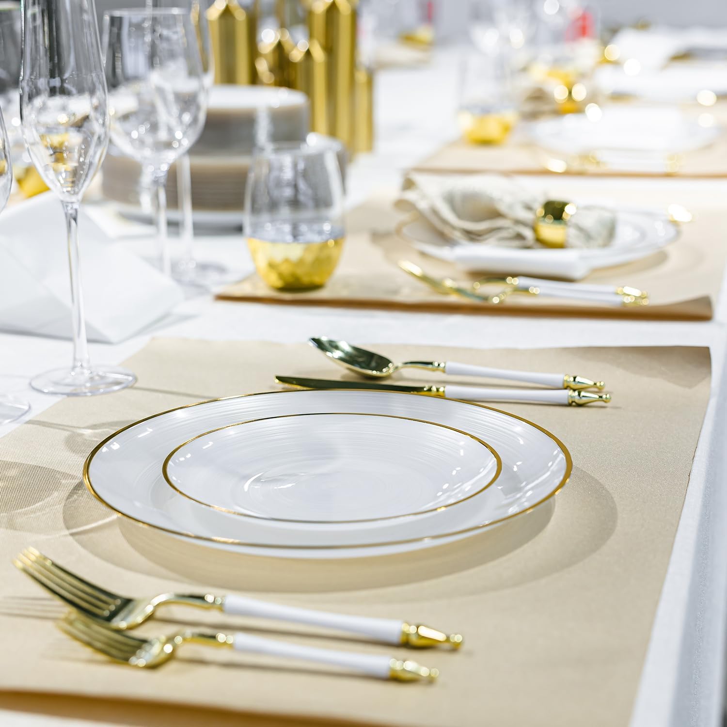 Pearl White Plastic Plates with Gold Rim and Gold Disposable Silverware Sets for 50 Guest