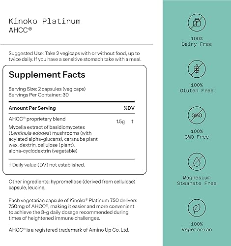 Miniatura 2 de Quality of life. Ahcc Kinoko Platinum. Extracto de hongos 0.026 oz 60 cápsulas, 812259003370, 1