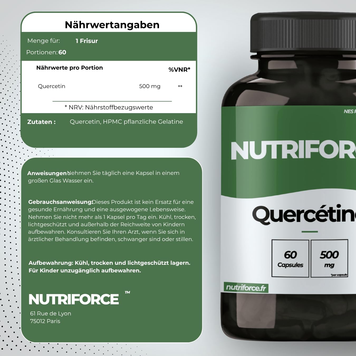 Quercetin 1000mg Kapseln – Entzündung, Haut, Haare & Verdauung – 60 Vegane Kapseln – 1 Monat Kur – Frankreich