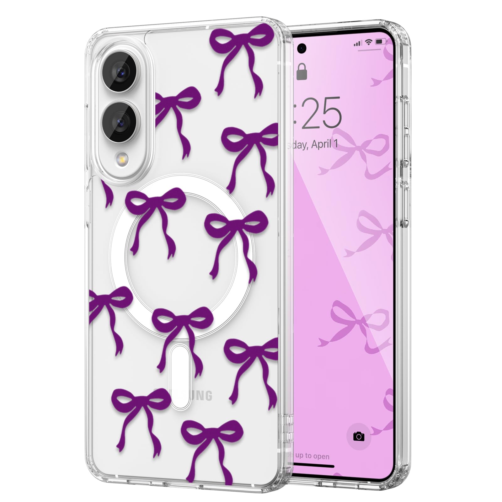 UEEBAI Magnetic for Samsung Galaxy S25 Edge Case, Bow Case Compatible with MagSafe, Wireless Slim Clear Ribbon Aesthetic Phone Cover Anti-Yellowing