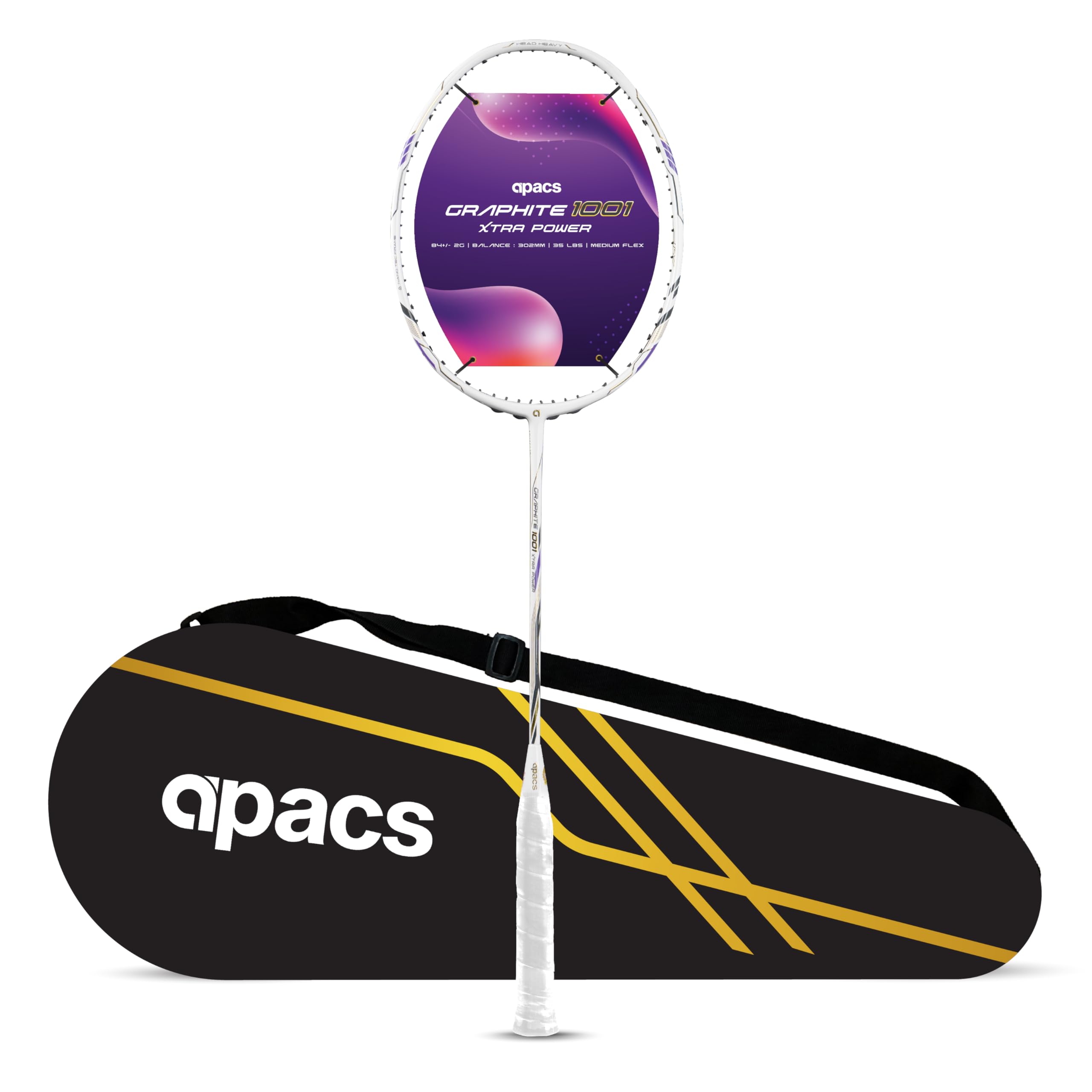Apacs Graphite 1001 Xtra Power (36LBS, Power Frame with 100% Japanese Graphite) Badminton Racket with Full Cover (White)