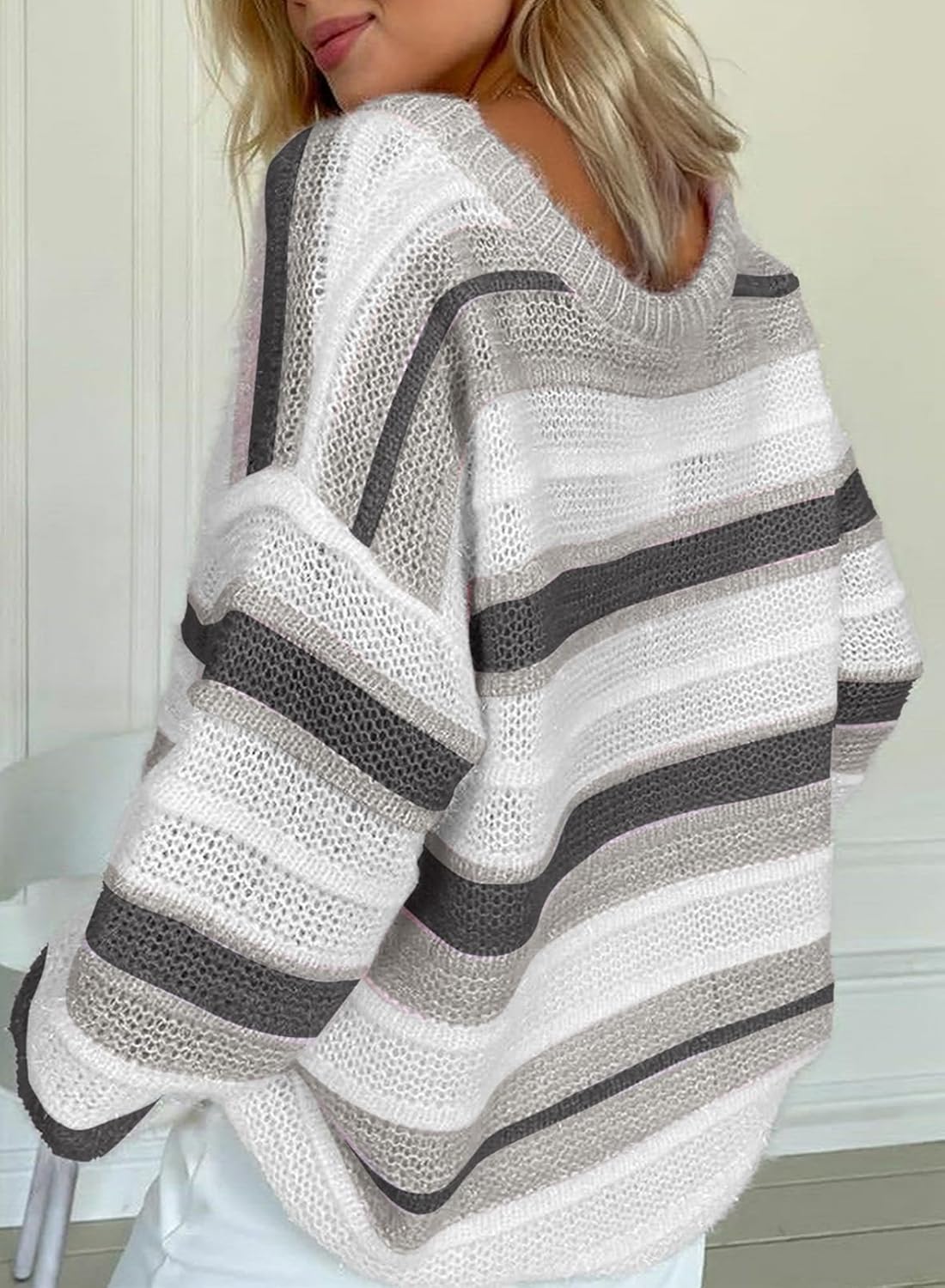 Sidefeel Womens Sweaters 2026 Lightweight Casual Off Shoulder Long Sleeve Crochet Striped Knit Pullover Tops Clothing - Image 3