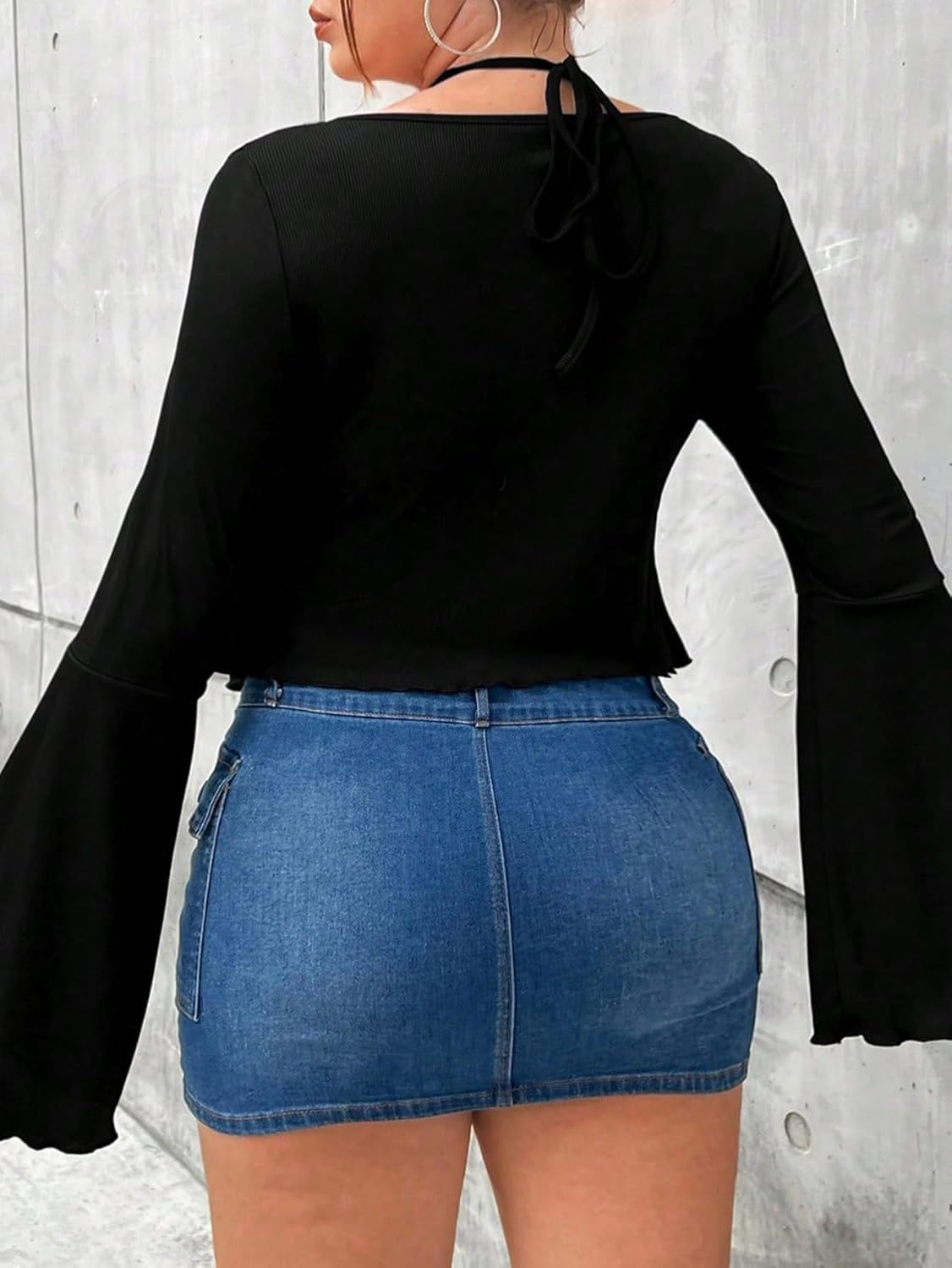 SOLY HUX Women's Plus Size T Shirts Bell Long Sleeve Ruched Asymmetrical Hem Halter Tee Crop Tops - Image 2