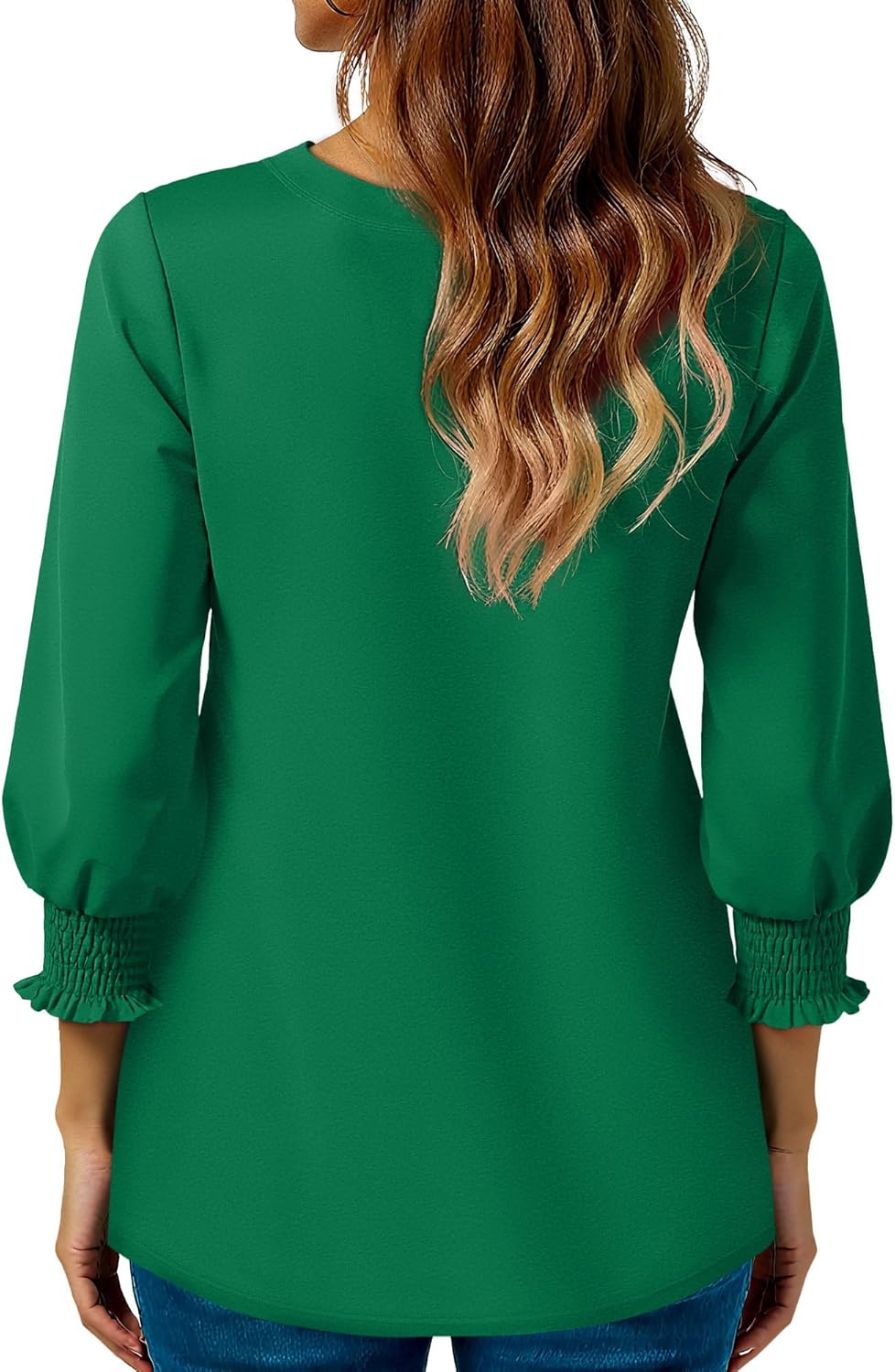 Blouses for Womens 3/4 Length Sleeve Casual Tops Loose V Neck T Shirt with Smocked Cuffs - Image 6