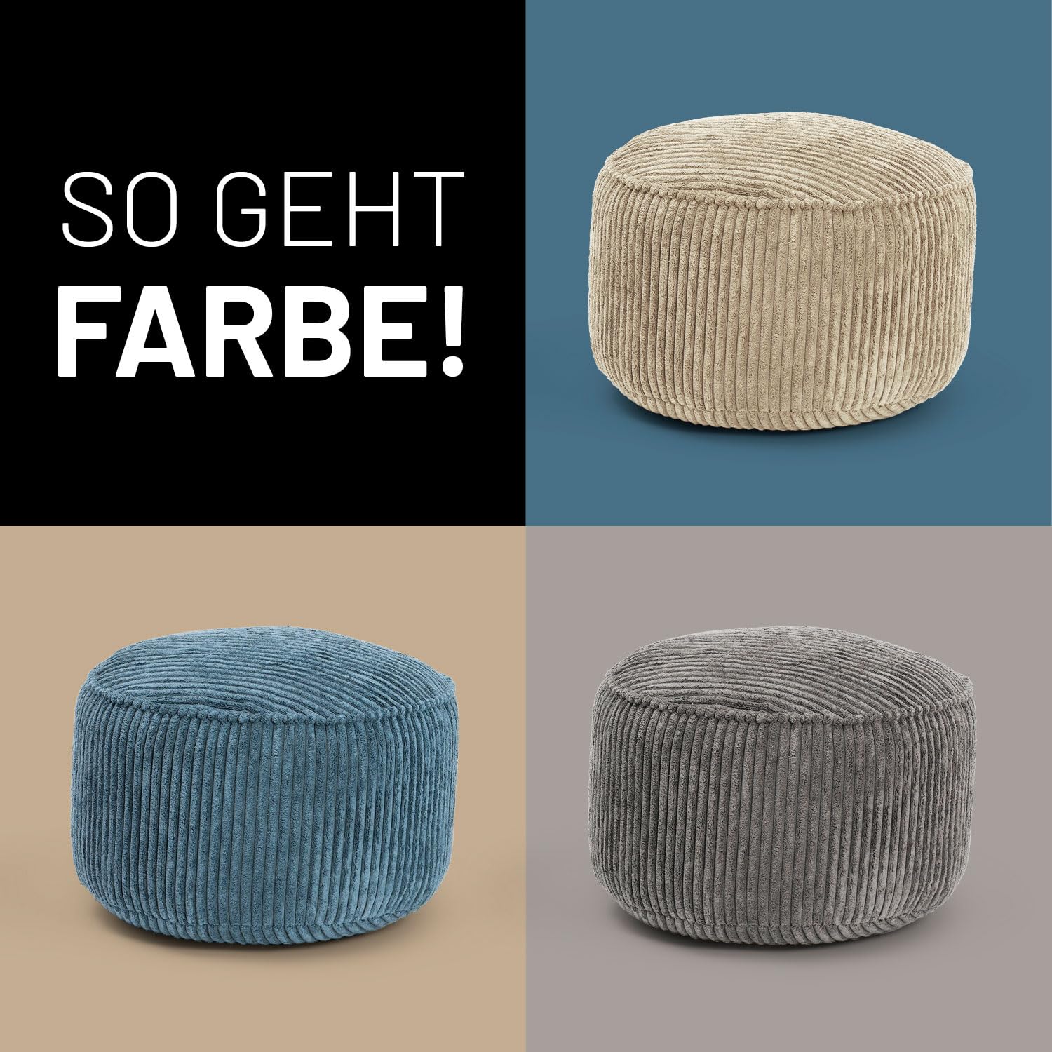 Lumaland Sitzsack Pouf aus Cord | Kompakter 50L Gaming Pouf mit 3-in-1-Funktion: bequemer Hocker, praktisches Tischchen & stylischer Indoor Fußschemel | Ø 25 x 45 cm [Grau]