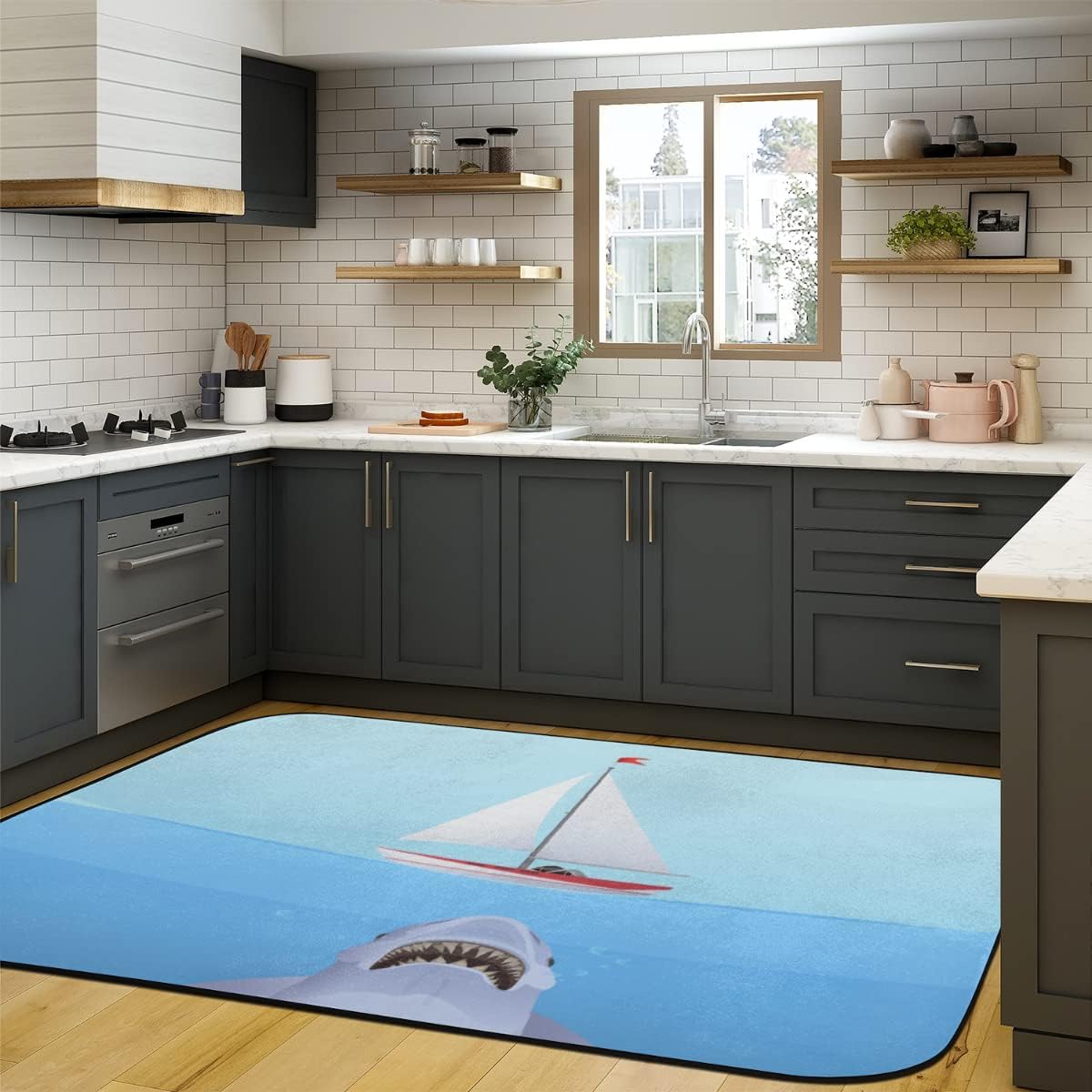 5' x 7' Cartoon Shark wirh Sailboat Super Soft Area Rug for Kids Baby Nursery, Carpets for Entryway Living Room Kids Room, Plush Rug for Teen Room Decor