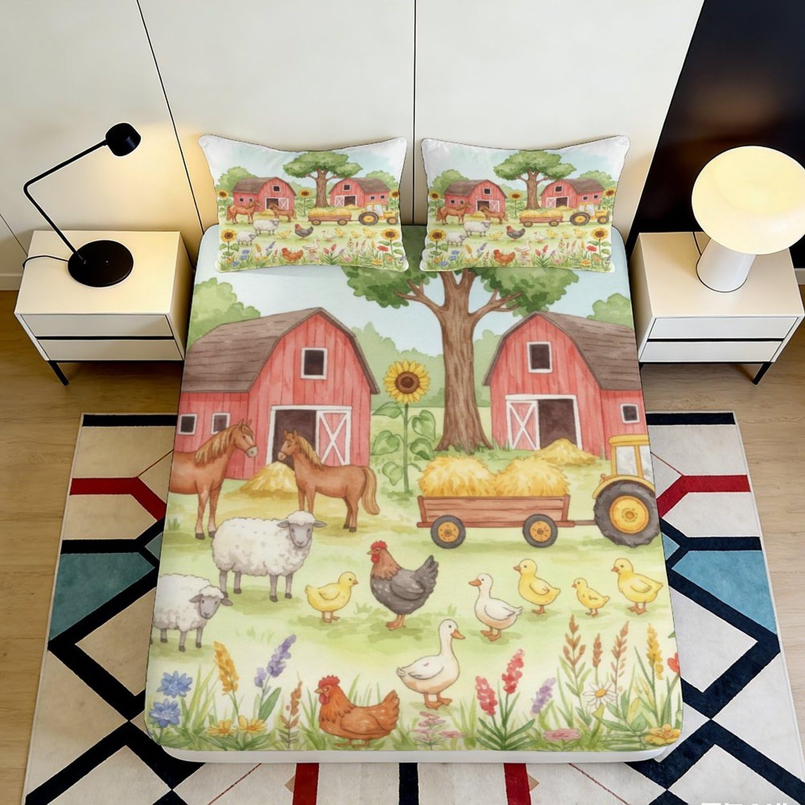 3D Printed Farmhouse Barnyard Fitted Sheet Microfiber Soft Mattress Cover Animal Tractor for Bedroom Dorm Decor 90x200x25cm