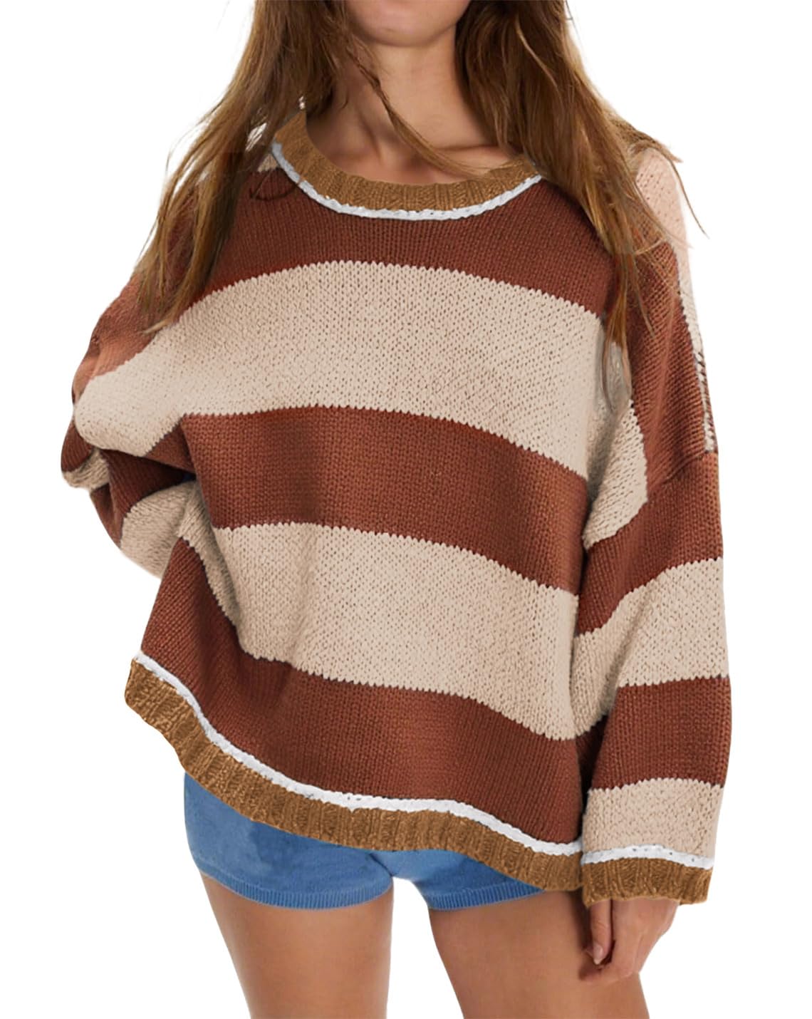 Womens Cute Colorful Sweater Knit Striped Crewneck Long Sleeve Loose Pullover Swaters Tops