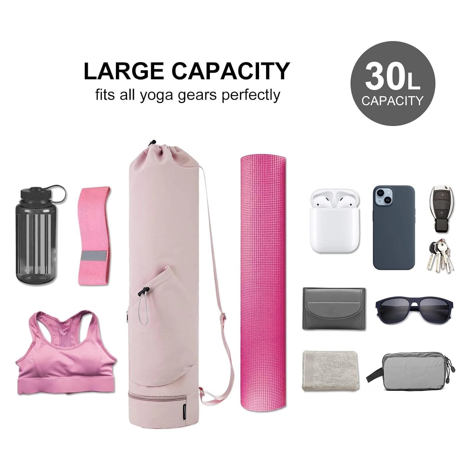 Funda Esterilla Yoga Bolsa for Esterilla de Yoga de Gran Apertura, Larga, con Bolsillo Impermeable y Bolsillo for Botella de Agua con cordón y Correa Ajustable.